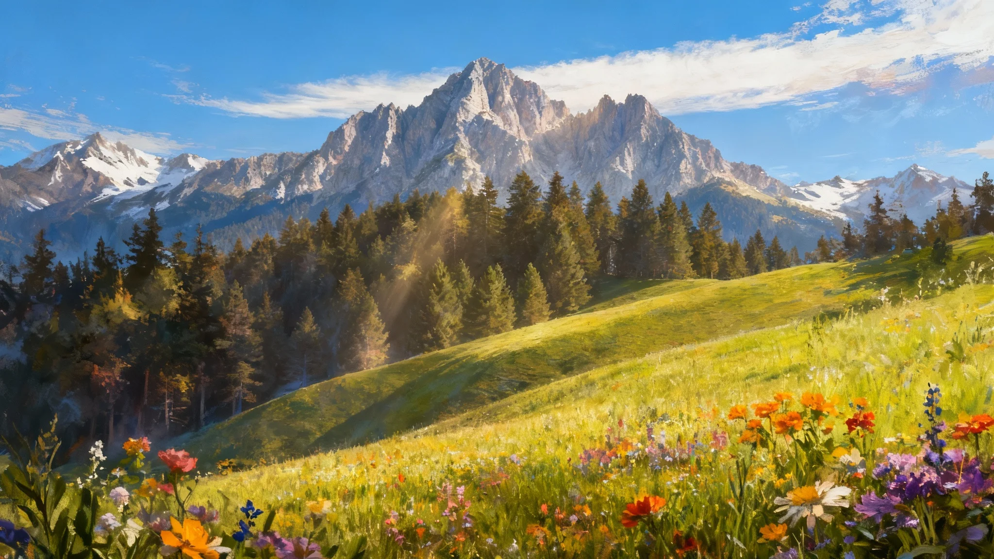A finished parallax background showing a vibrant fantasy landscape with distinct layers: green hills in the foreground, a sunlit forest in the middle, and majestic mountains in the background.
