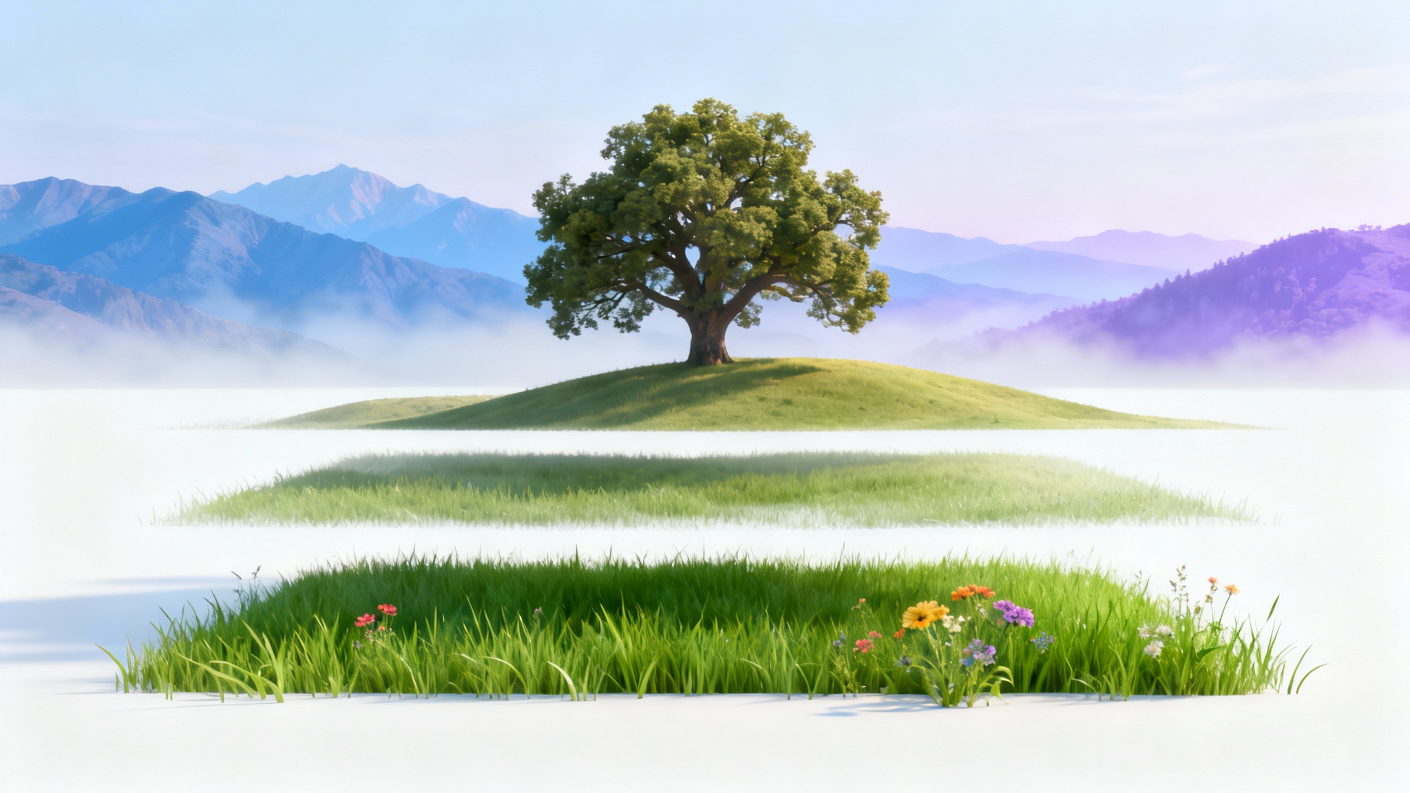 A digital illustration demonstrating the parallax effect with three separate layers: a foreground of grass, a midground with a hill and tree, and a background of mountains, all on a white background.