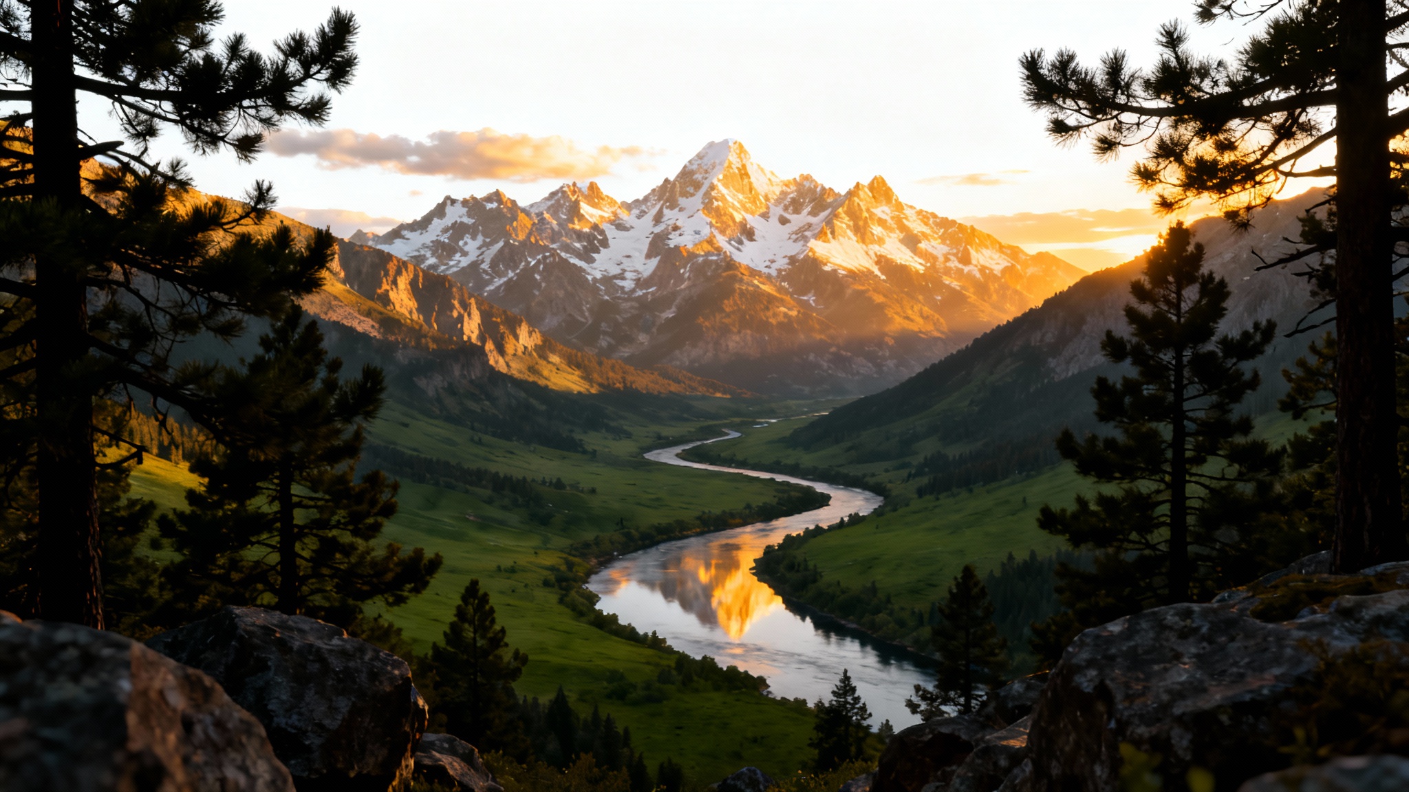 A layered digital landscape demonstrating a parallax effect, with silhouetted trees in the foreground, a green valley in the midground, and snow-capped mountains under a sunset in the background.
