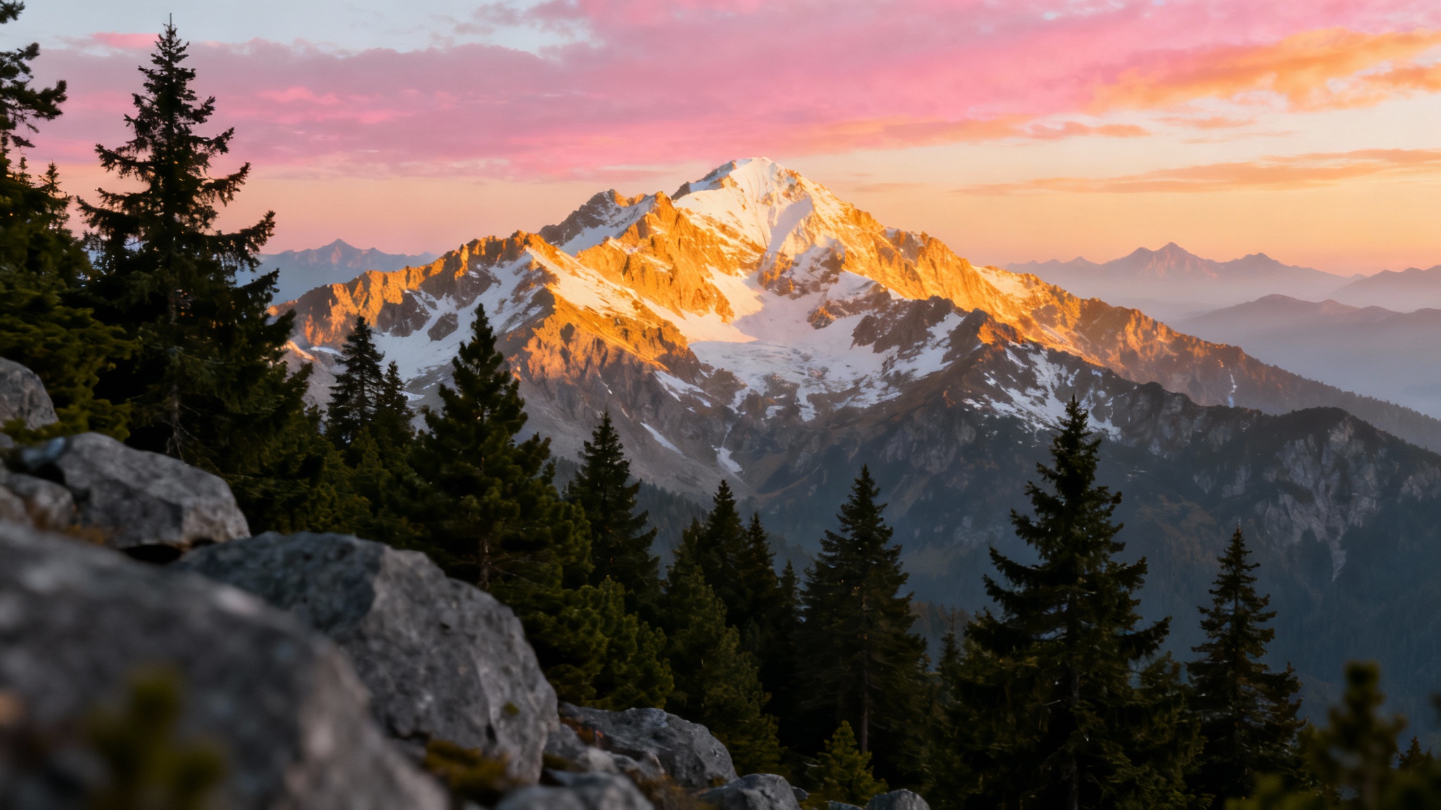 A stunning, multi-layered mountain landscape at sunrise, illustrating a parallax depth effect with distinct layers of foreground trees, mid-ground snowy peaks, and a distant hazy mountain range.