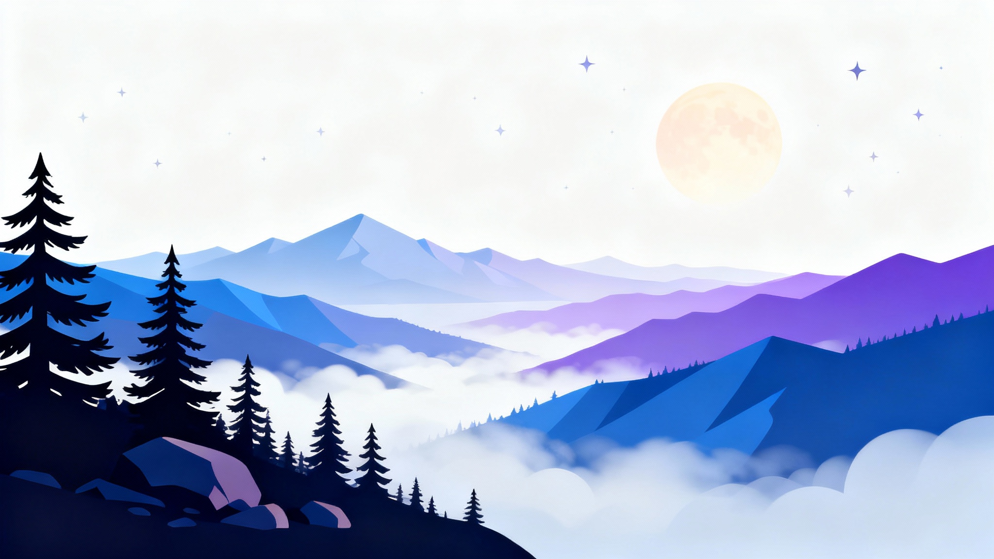 A modern, layered digital illustration of a mountain landscape at twilight, designed to show a parallax effect with foreground trees, mid-ground mountains, and a moon in the background.