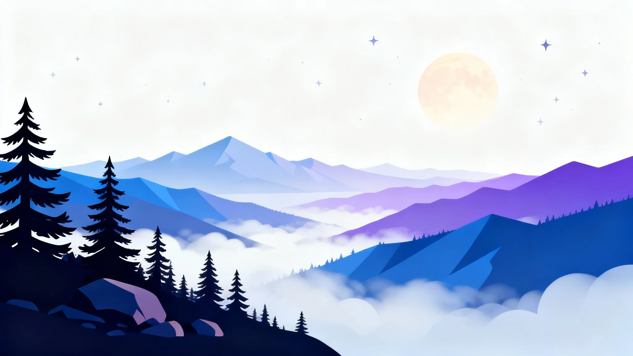 A modern, layered digital illustration of a mountain landscape at twilight, designed to show a parallax effect with foreground trees, mid-ground mountains, and a moon in the background.