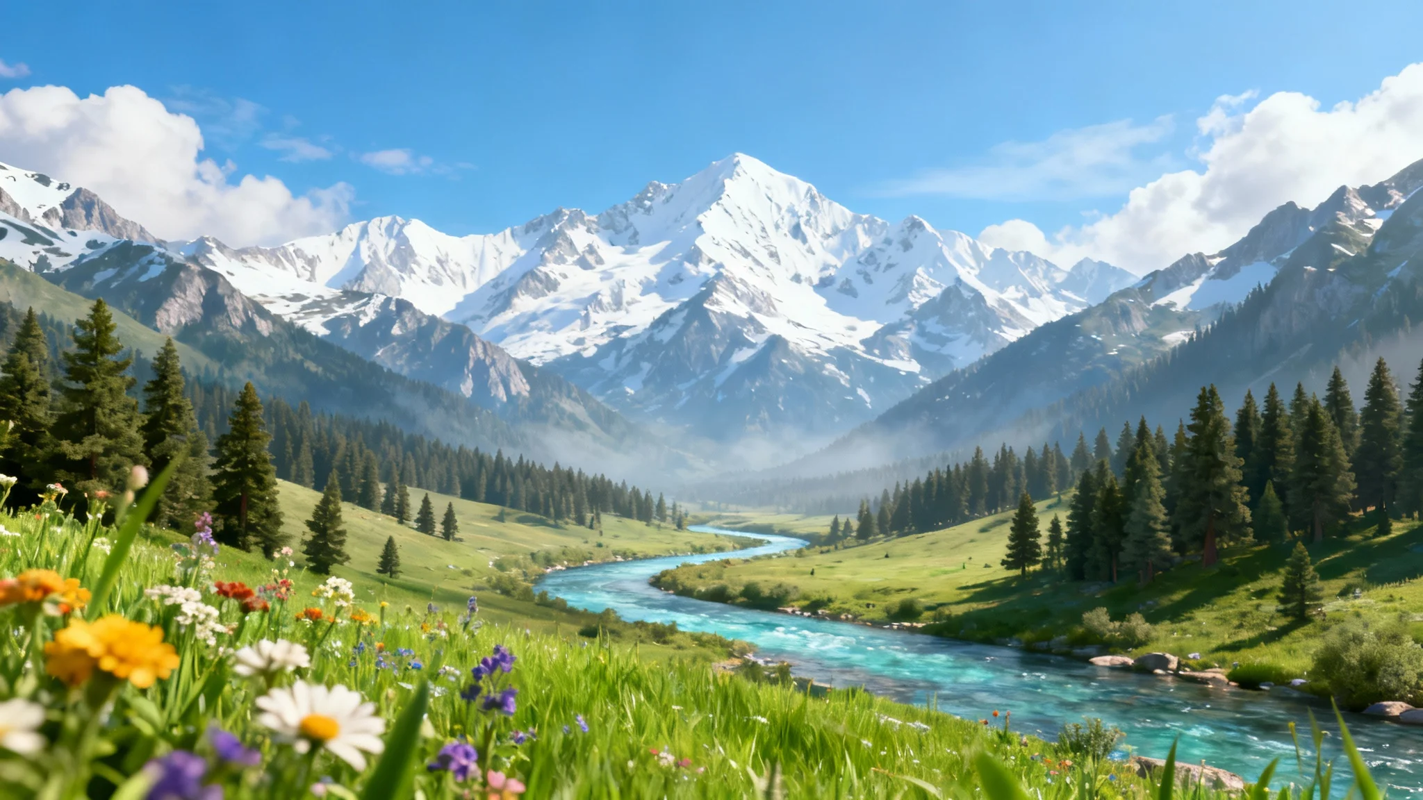 A visual representation of a parallax background, showing a multi-layered landscape with wildflowers in the foreground, a valley in the middle, and mountains in the background to create a sense of depth.