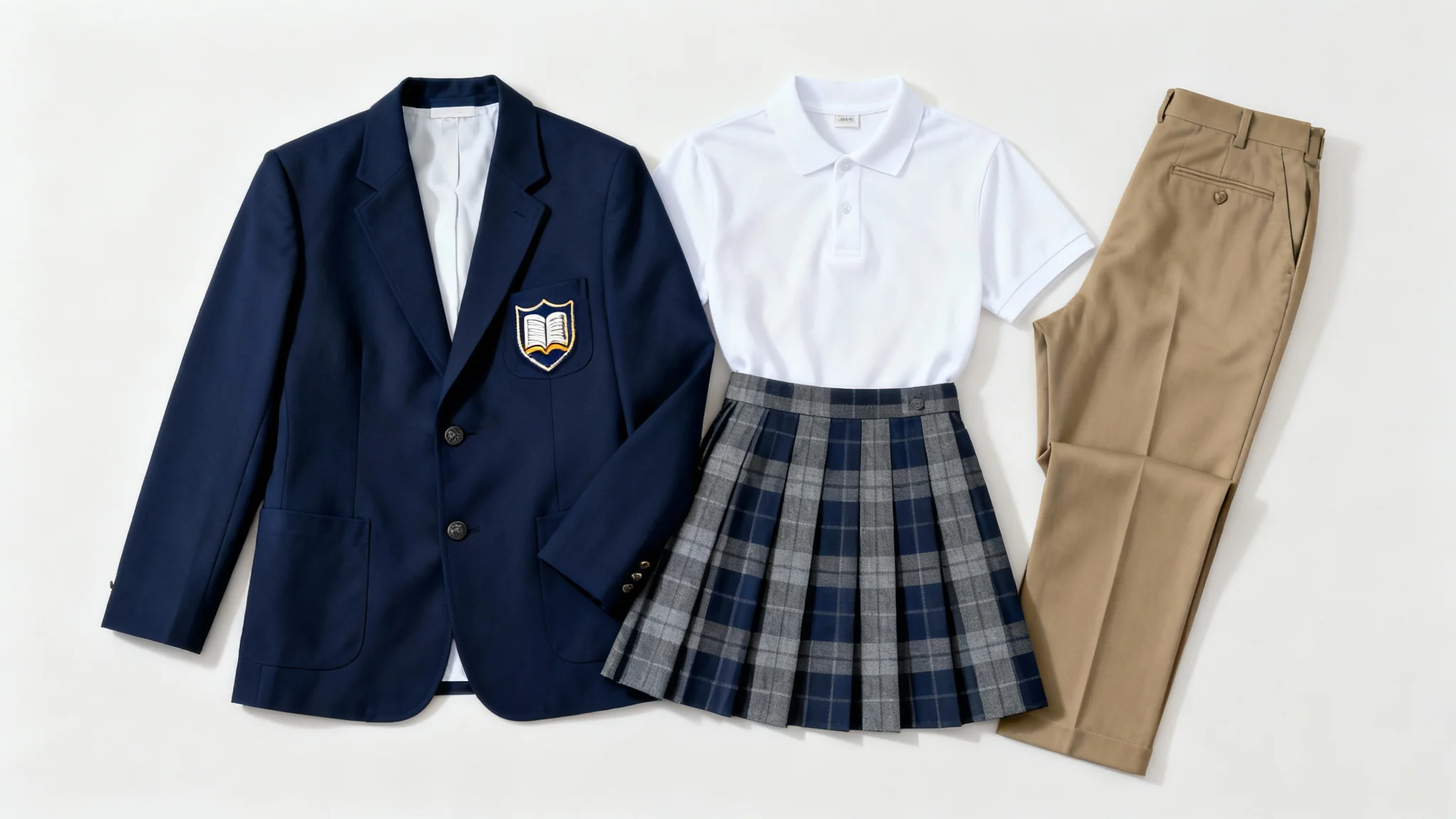 A professional flat lay showcasing a modern school uniform design collection, featuring a navy blazer with a crest, a white polo shirt, a pleated skirt, and khaki trousers arranged neatly on a light background.