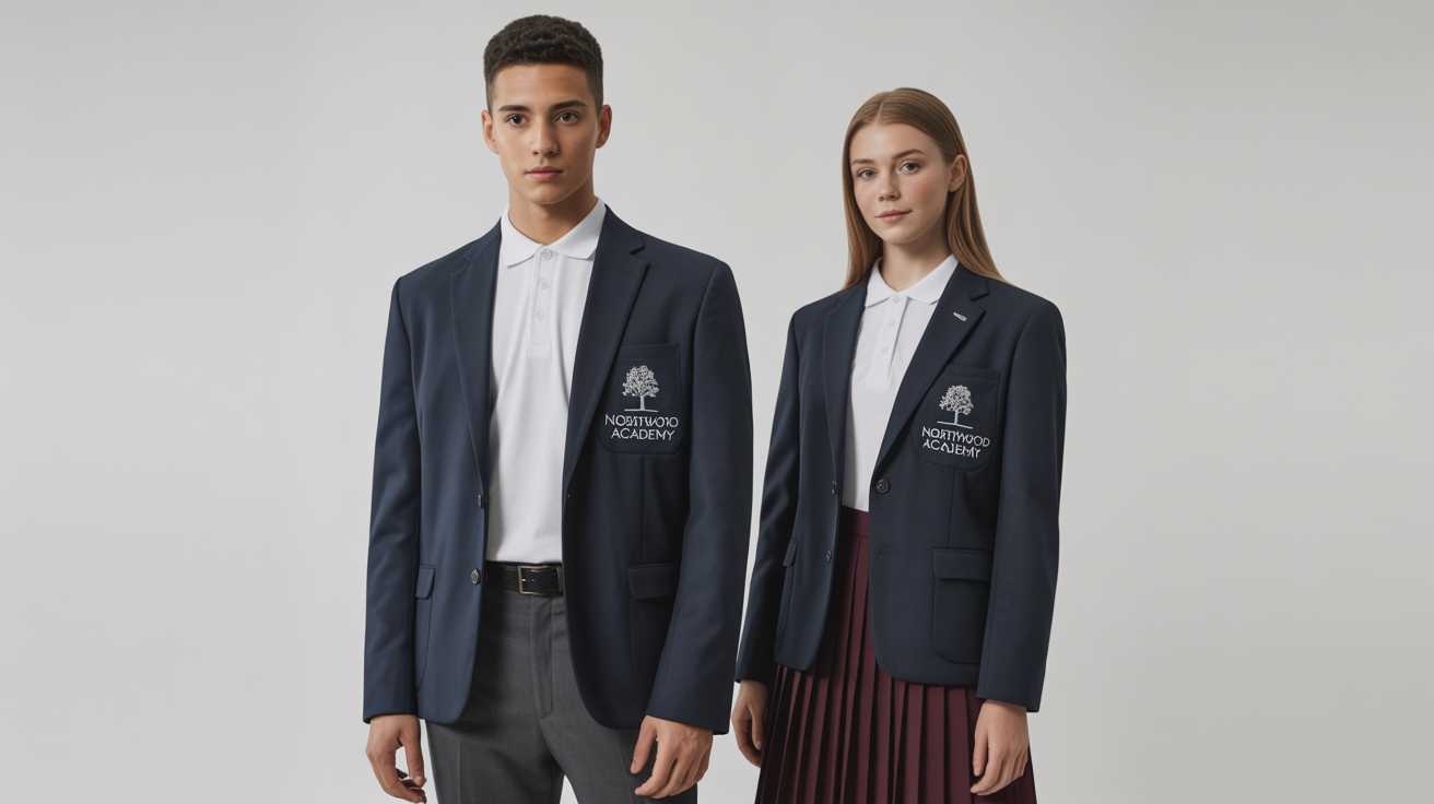 A male and female school uniform design mockup. The uniforms feature navy blue blazers with a 'Northwood Academy' crest, white polo shirts, and grey trousers or a burgundy skirt, displayed on a clean white background.