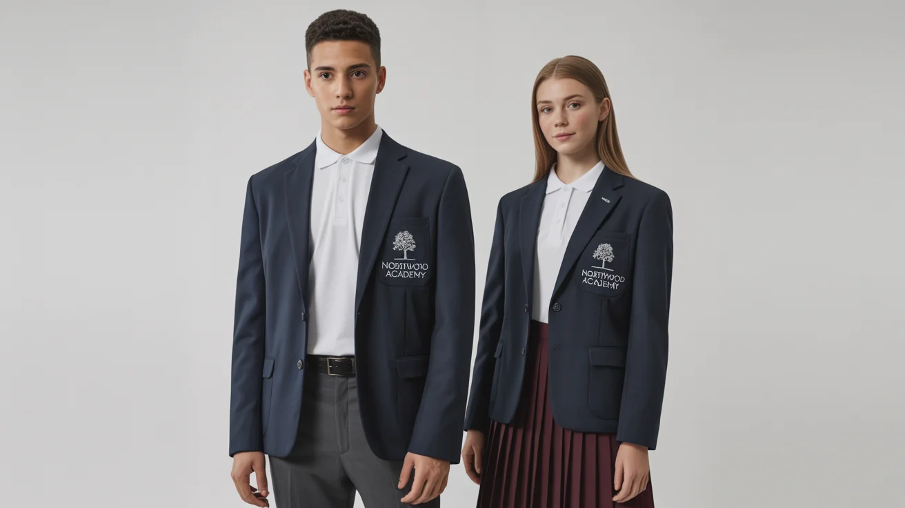 A male and female school uniform design mockup. The uniforms feature navy blue blazers with a 'Northwood Academy' crest, white polo shirts, and grey trousers or a burgundy skirt, displayed on a clean white background.