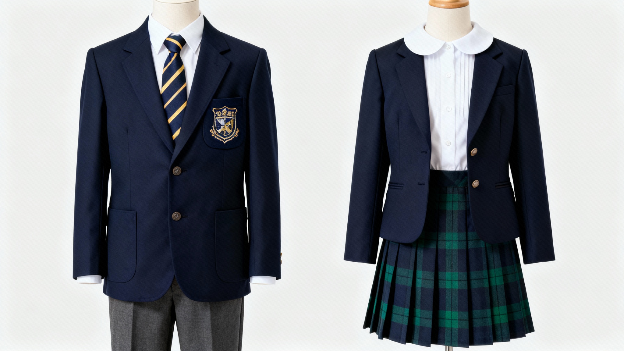 A photorealistic mockup of a boy's and girl's school uniform, displayed side-by-side against a white background. Both feature navy blazers with an embroidered crest; the boy wears grey trousers and the girl wears a green and navy tartan skirt.