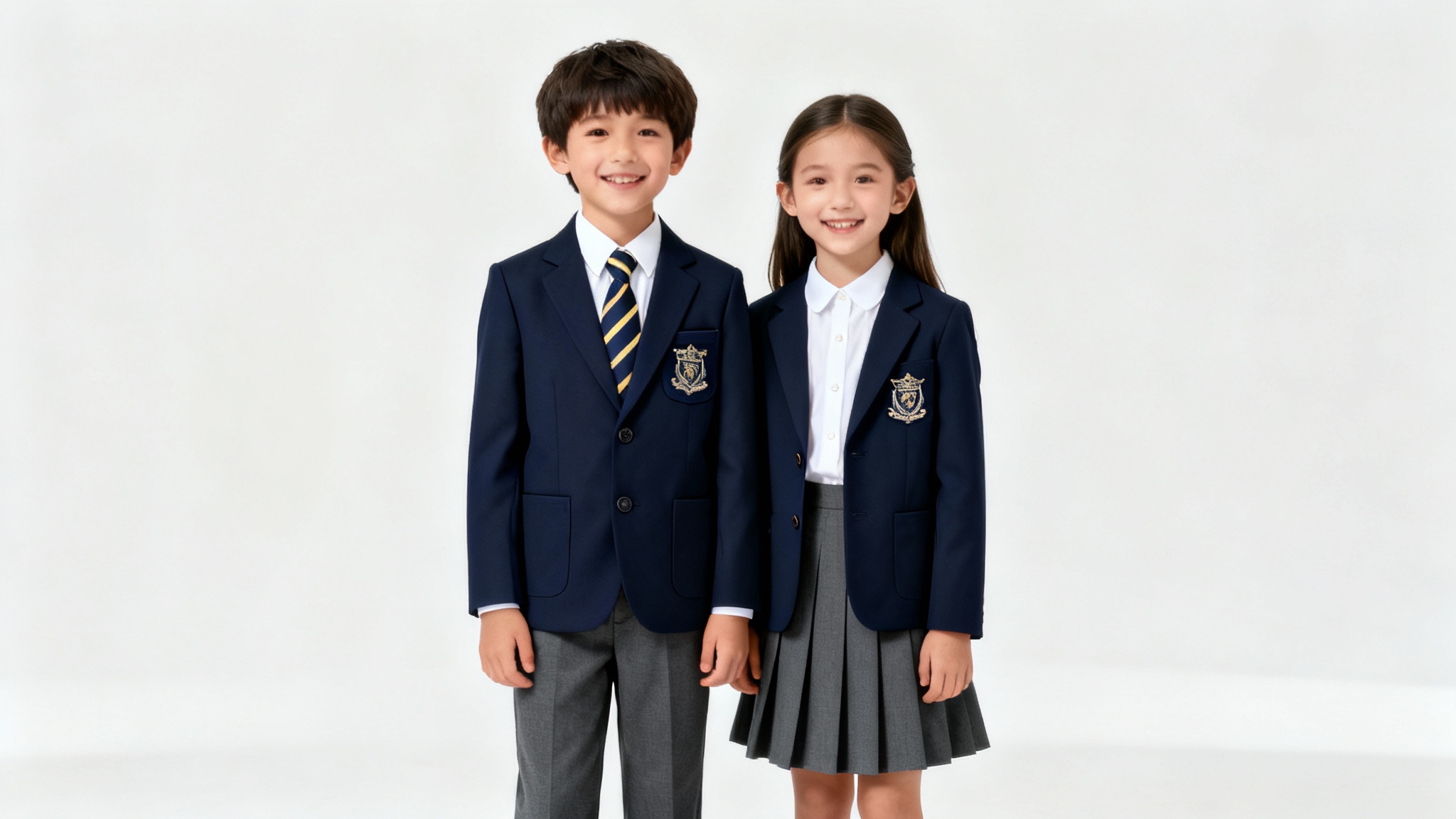 A boy and a girl smiling while modeling a modern school uniform, which includes navy blue blazers with a crest, white shirts, and charcoal grey trousers and a skirt, set against a plain white background.