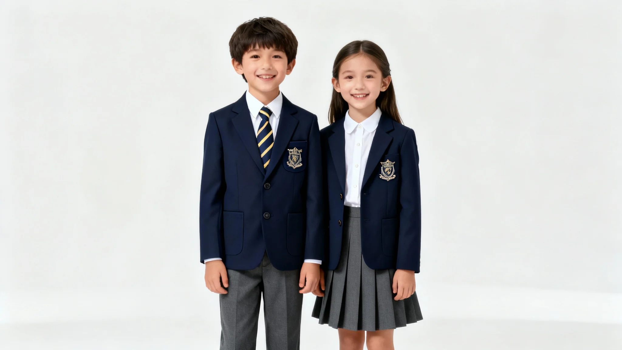 A boy and a girl smiling while modeling a modern school uniform, which includes navy blue blazers with a crest, white shirts, and charcoal grey trousers and a skirt, set against a plain white background.