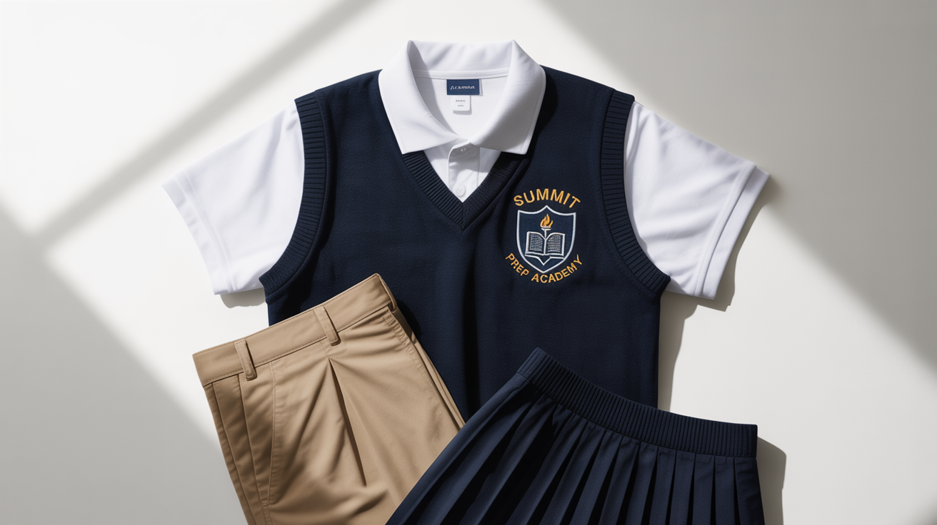 A flat lay image of a modern school uniform set on a white background, featuring a white polo, a navy sweater vest with a 'SUMMIT PREP ACADEMY' crest, khaki trousers, and a khaki skirt.