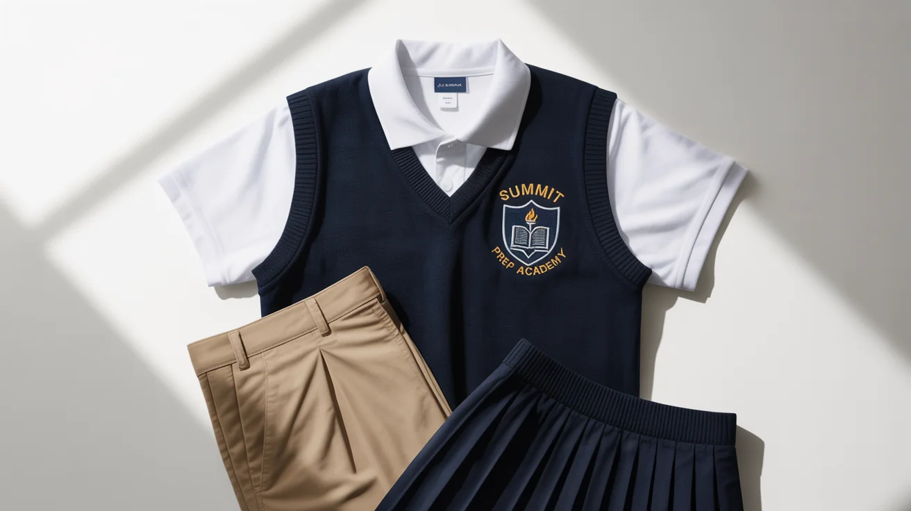 A flat lay image of a modern school uniform set on a white background, featuring a white polo, a navy sweater vest with a 'SUMMIT PREP ACADEMY' crest, khaki trousers, and a khaki skirt.