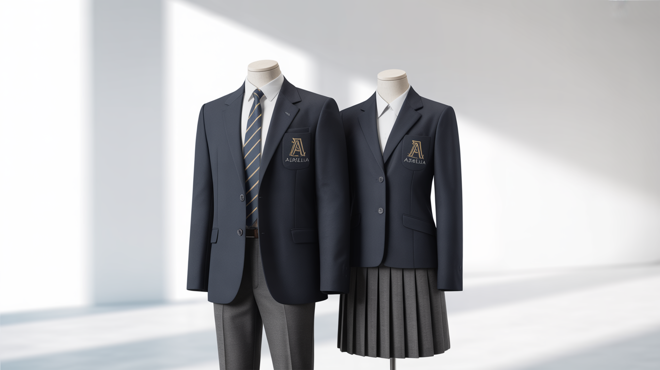 A mockup of a modern and elegant school uniform design, featuring a navy blazer with a crest, white shirt, and striped tie, shown with both trousers and a pleated skirt on mannequins against a plain white background.