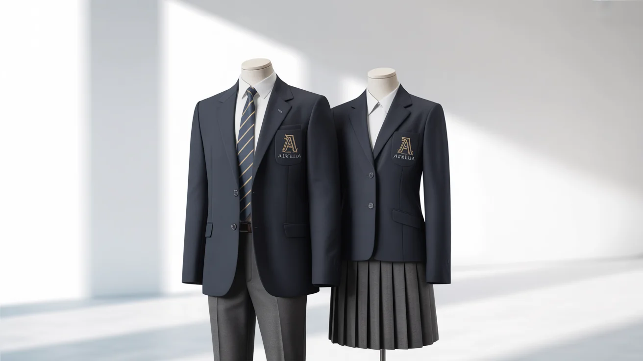 A mockup of a modern and elegant school uniform design, featuring a navy blazer with a crest, white shirt, and striped tie, shown with both trousers and a pleated skirt on mannequins against a plain white background.