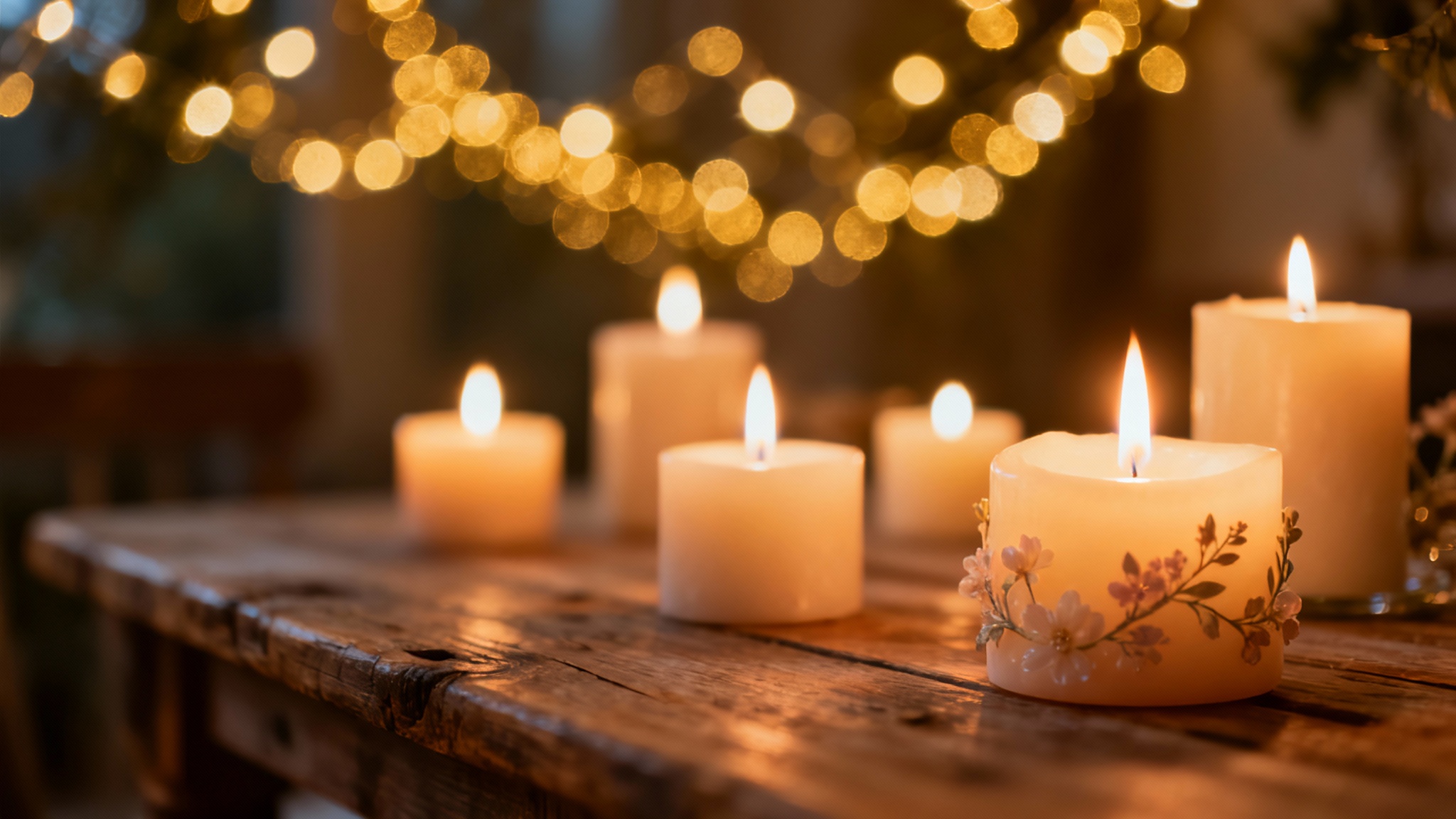 A high-quality photograph showing softly glowing candles on a rustic table, with a beautiful and dramatic background of blurred golden bokeh lights creating a warm and magical atmosphere.