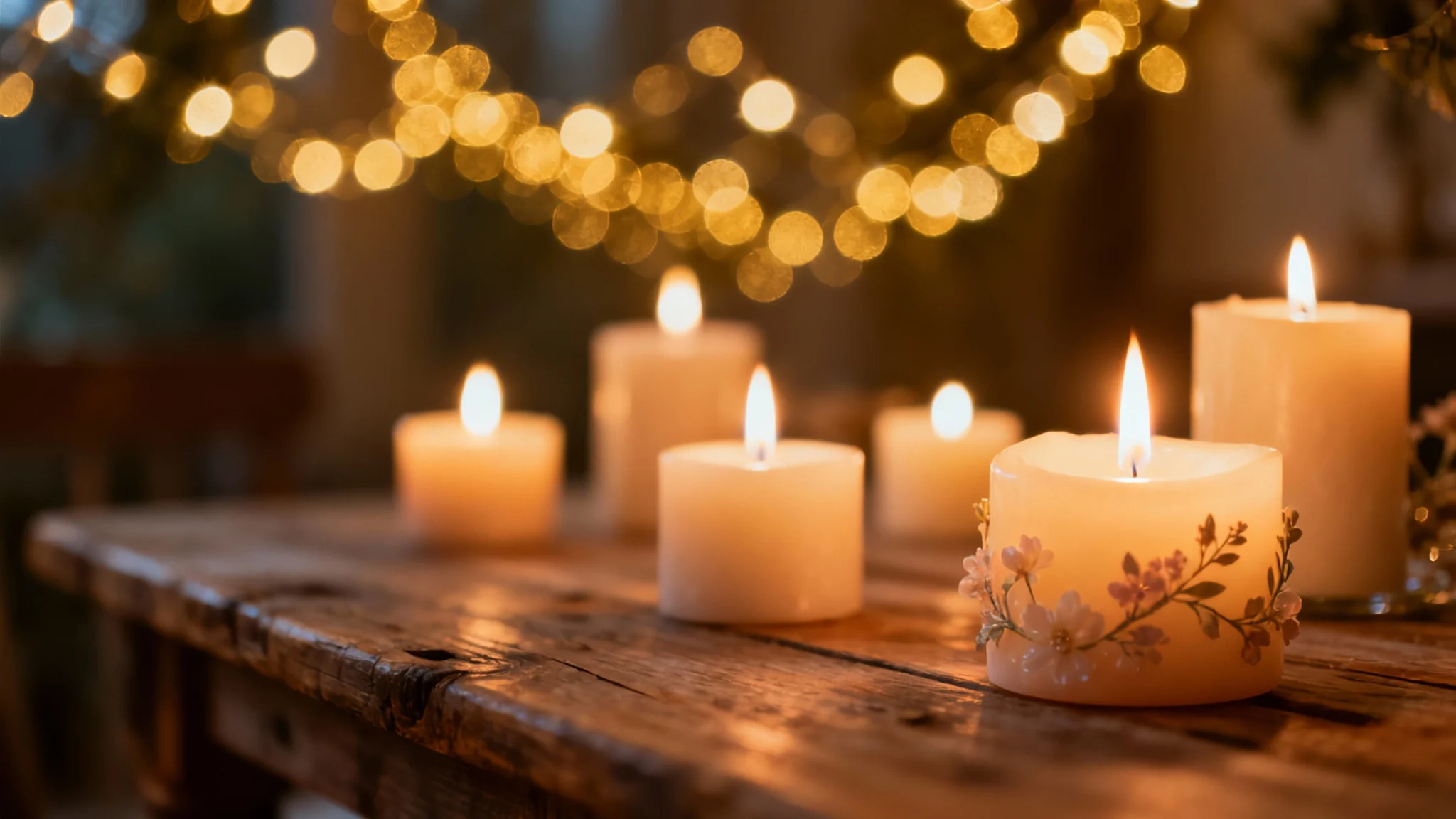 A high-quality photograph showing softly glowing candles on a rustic table, with a beautiful and dramatic background of blurred golden bokeh lights creating a warm and magical atmosphere.