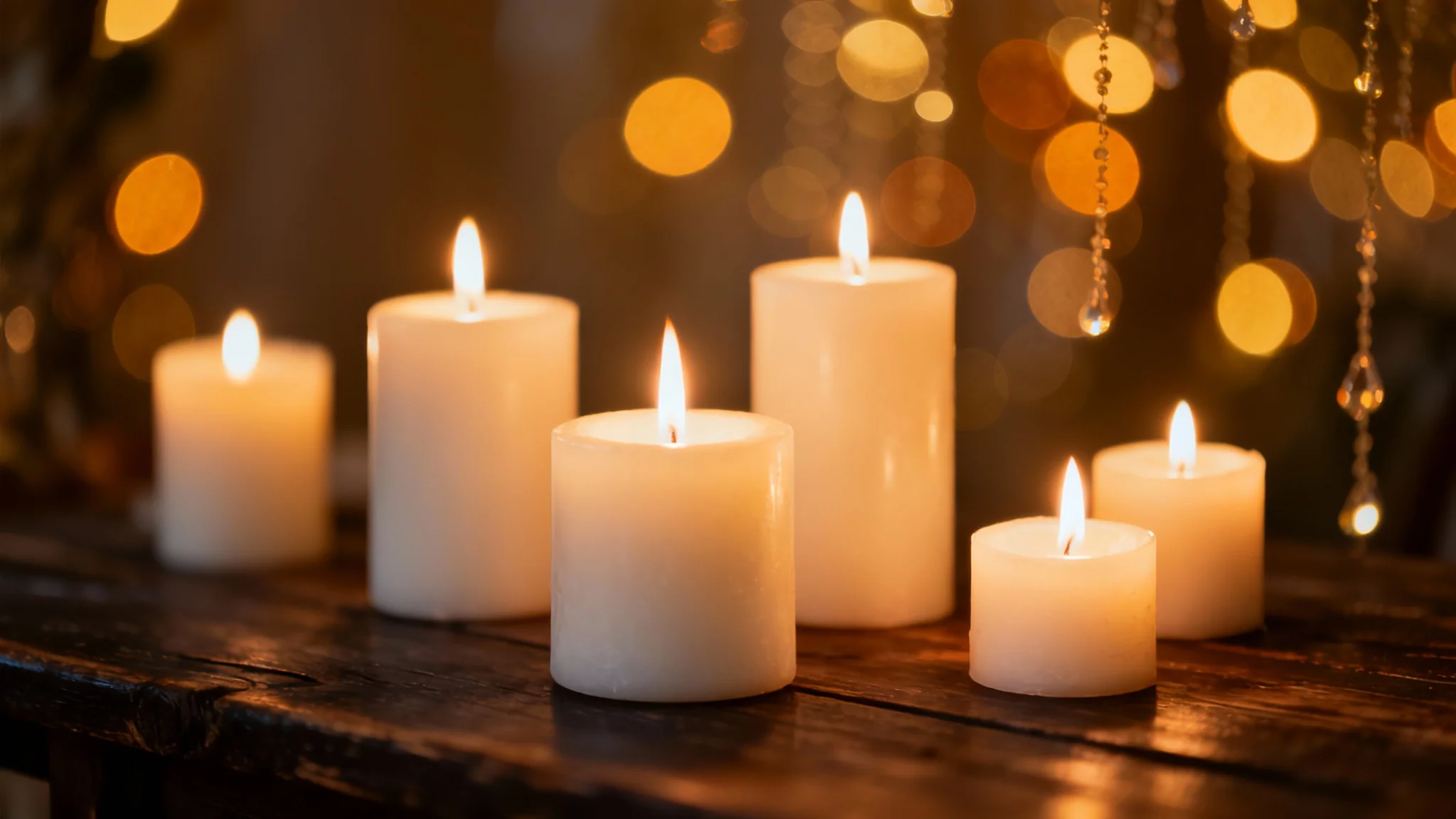 Several lit candles on a wooden surface with a background filled with warm, out-of-focus golden bokeh lights, creating a serene and cozy atmosphere.