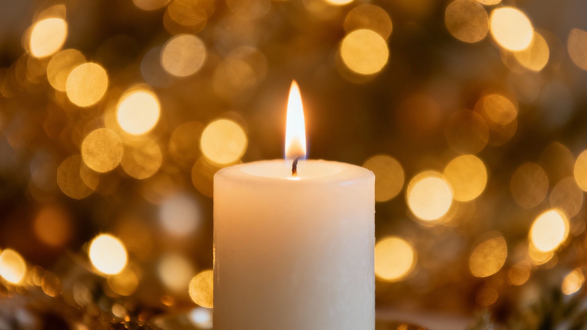 A close-up photo of a single candle with a glowing flame, set against a background of warm, blurry bokeh lights, creating a cozy and serene ambiance.
