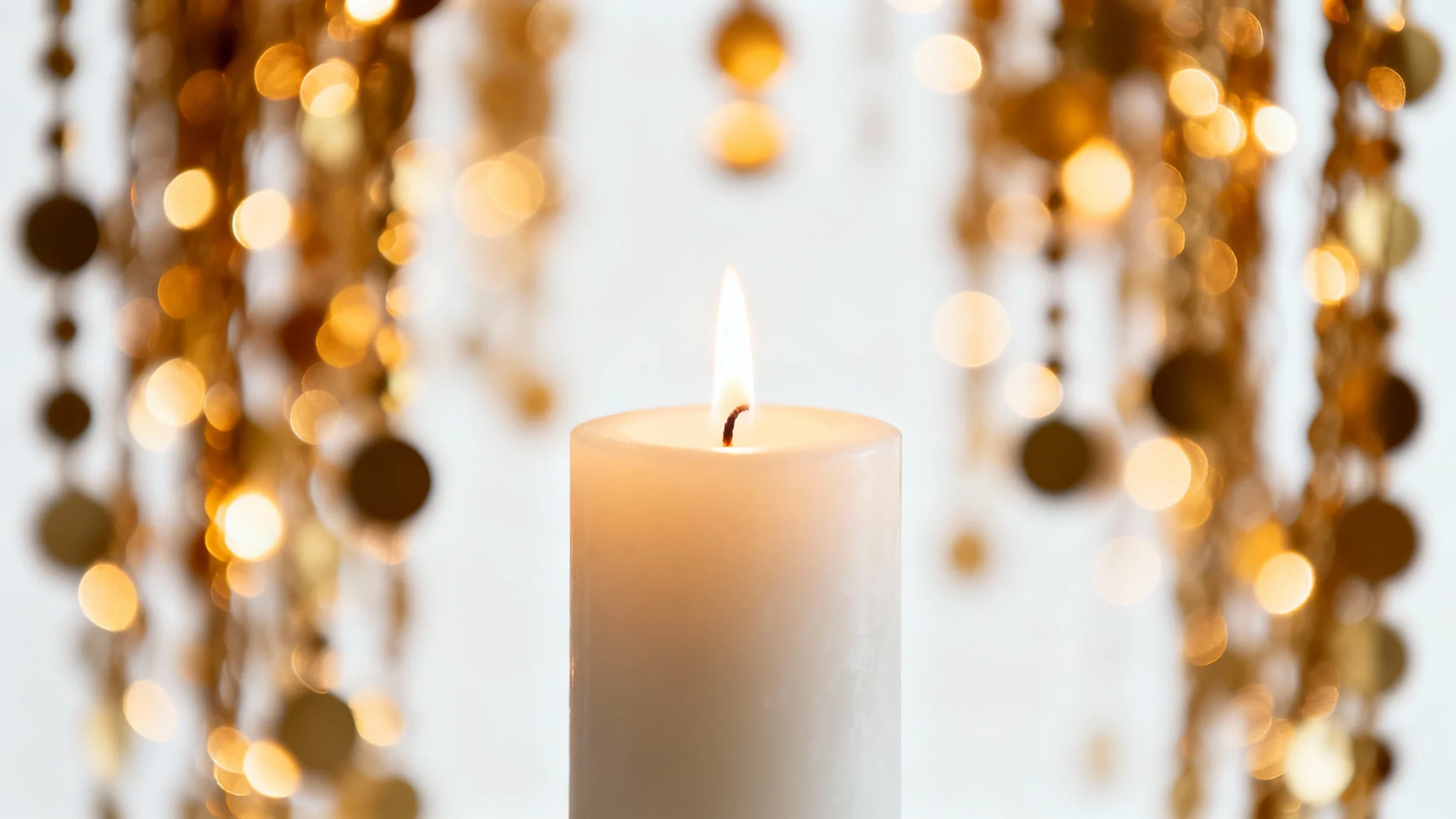 A close-up photo of a single white candle in sharp focus, with a background filled with the soft, blurry, golden lights of many other candles, creating a warm and cozy bokeh effect on a white background.
