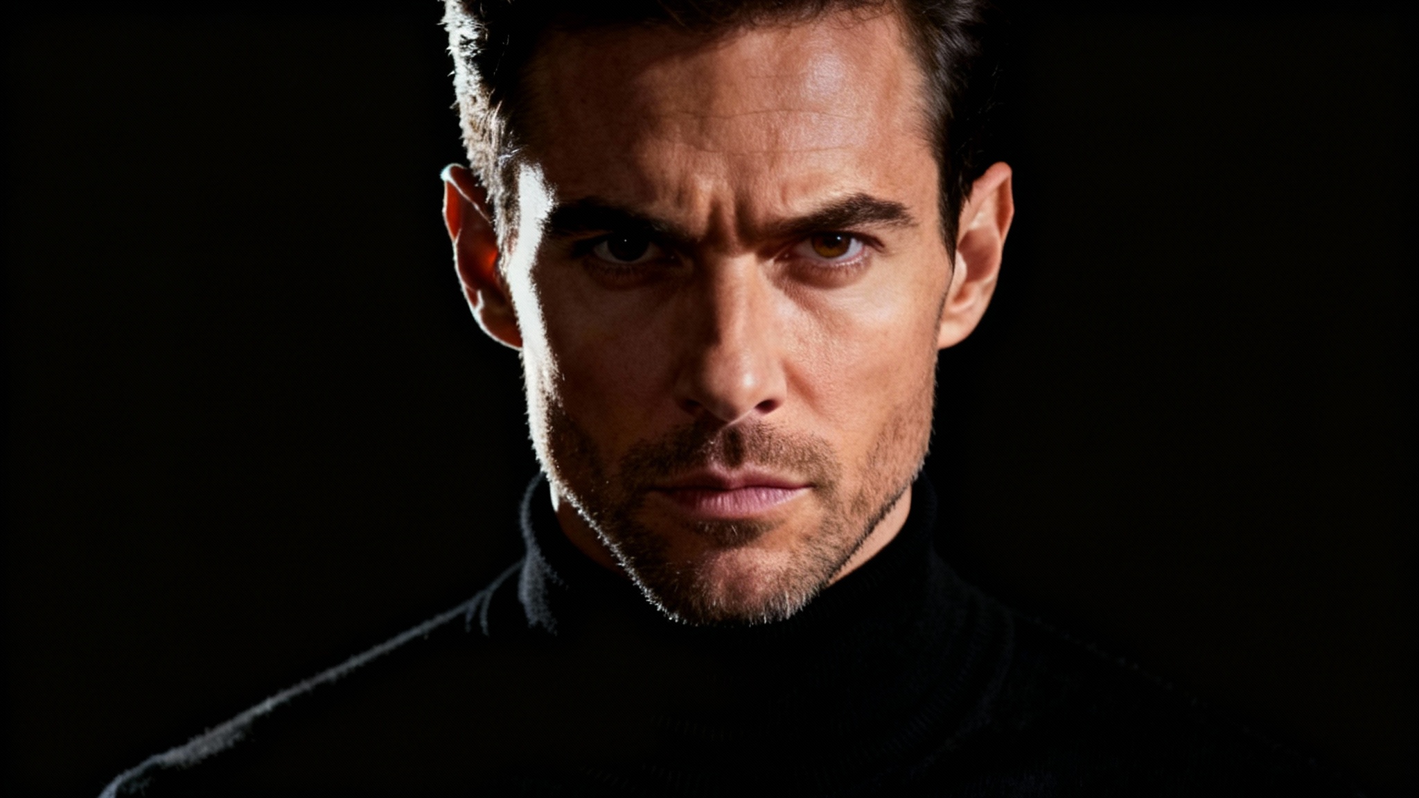 An eye-catching, high-contrast studio portrait of a man with sharp features. He is lit dramatically from the side, casting half of his face in deep shadow while brightly highlighting the other, set against a pure black background.