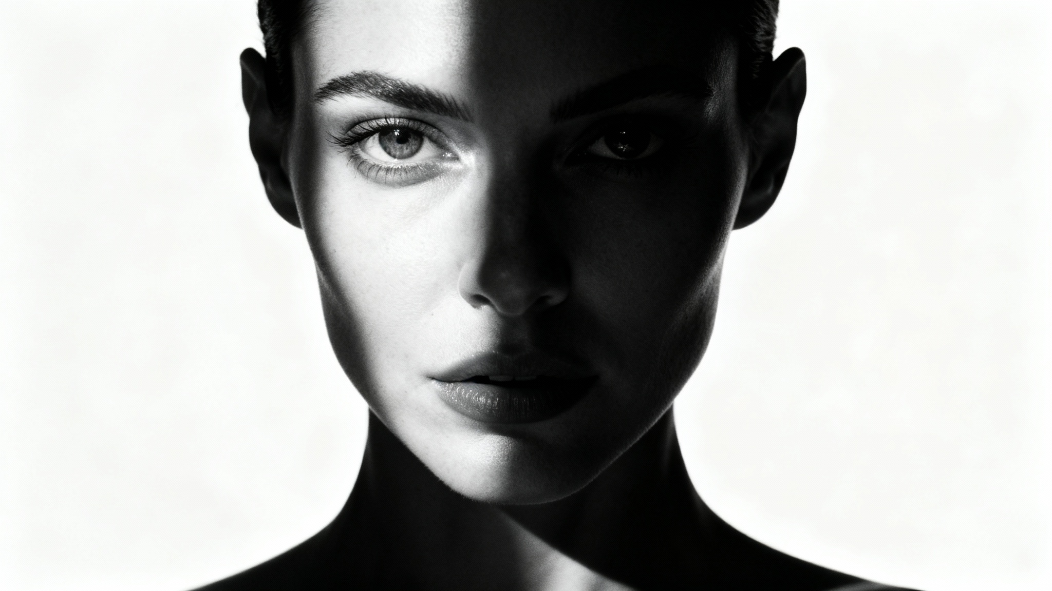 A striking black and white high-contrast portrait of a woman. Half of her face is brightly lit and the other is in deep shadow, set against a clean white background.