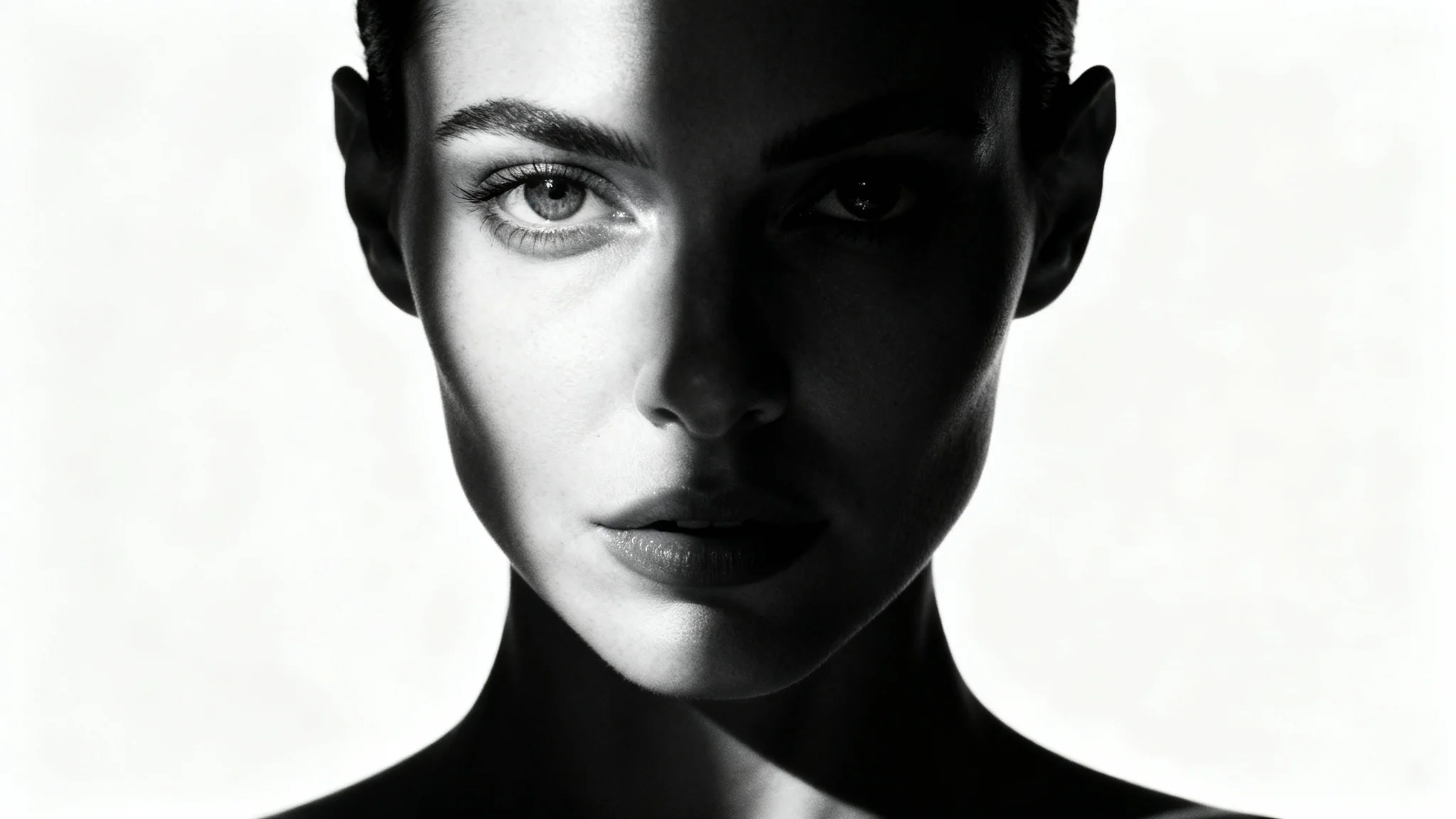 A striking black and white high-contrast portrait of a woman. Half of her face is brightly lit and the other is in deep shadow, set against a clean white background.