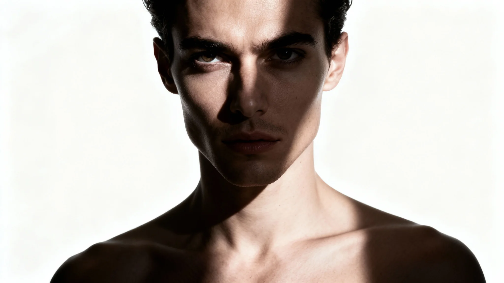 A dramatic, high-contrast studio portrait of a person. One side of their face is brightly lit, while the other is cast in deep shadow, creating a moody and artistic effect.