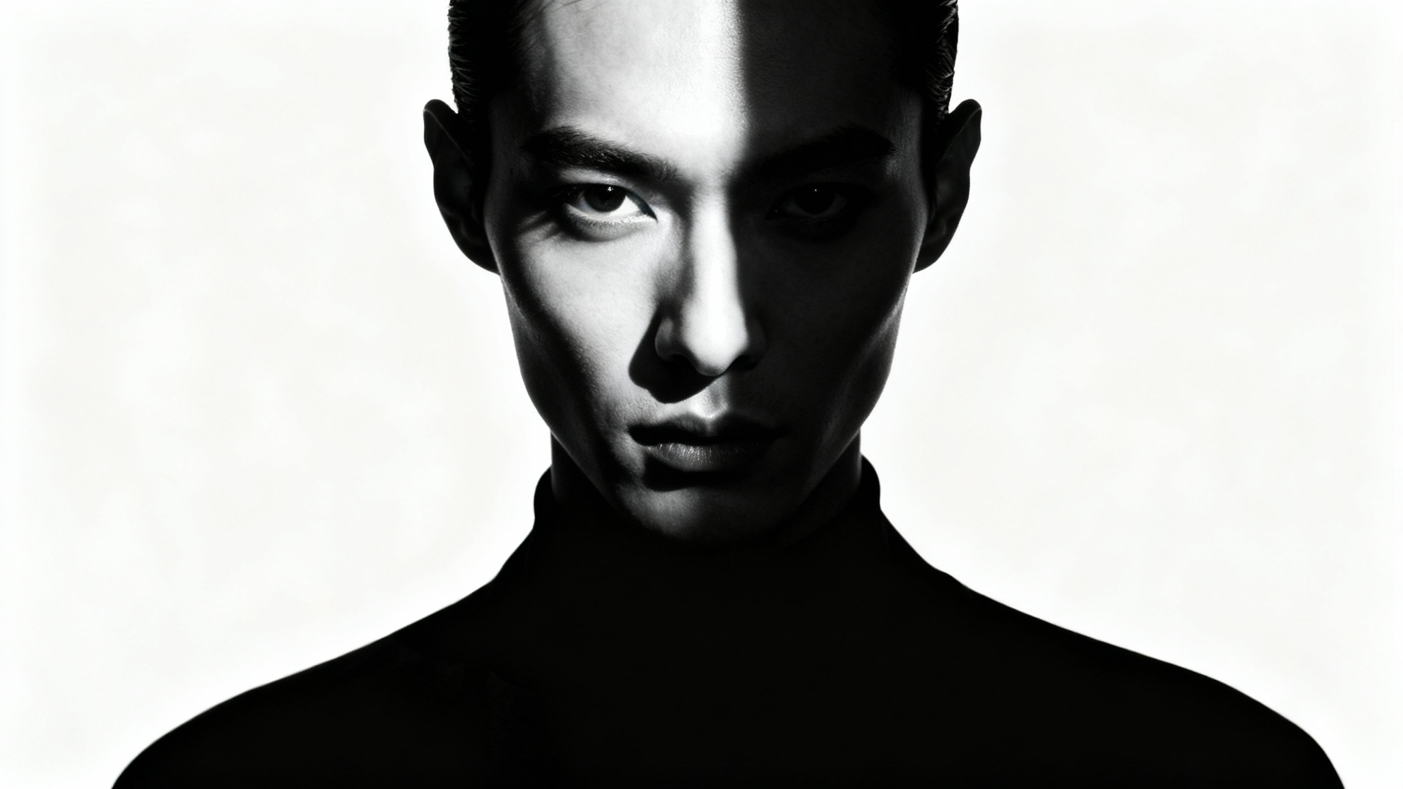 A minimalist, high-contrast portrait of a person's face against a white background. One side is brightly lit, and the other is in deep shadow, creating a dramatic and artistic effect.