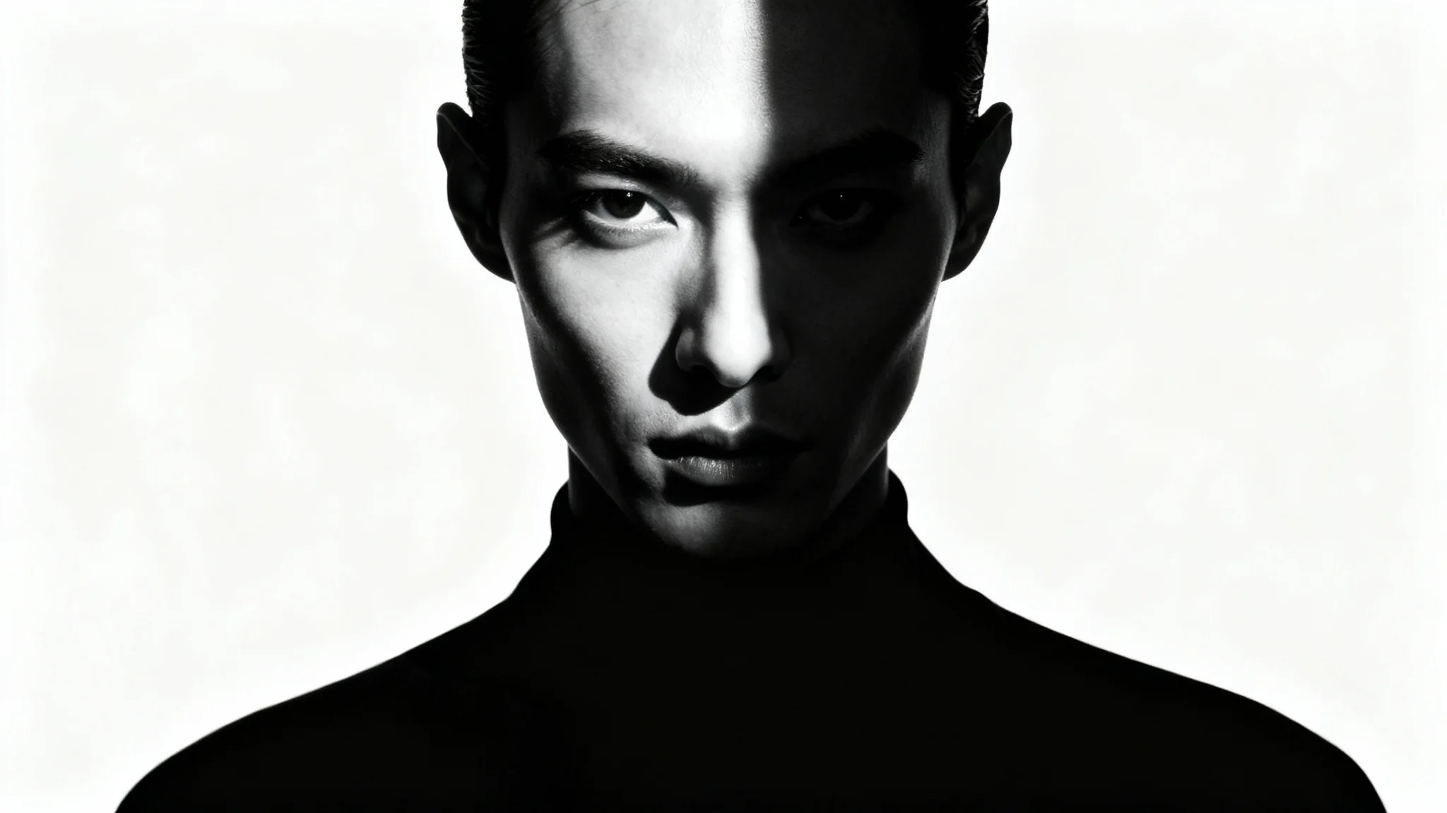 A minimalist, high-contrast portrait of a person's face against a white background. One side is brightly lit, and the other is in deep shadow, creating a dramatic and artistic effect.