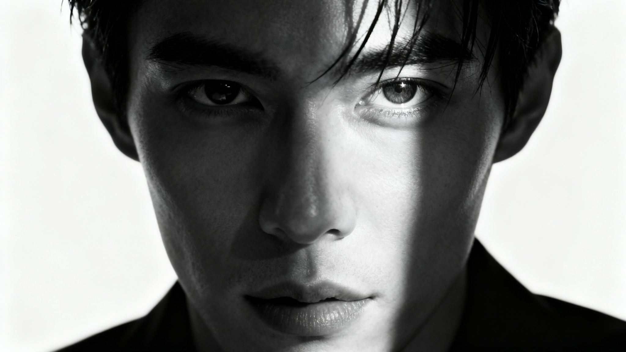 A dramatic, high-contrast black and white portrait of a person's face against a clean white background, showcasing a strong play of light and shadow.