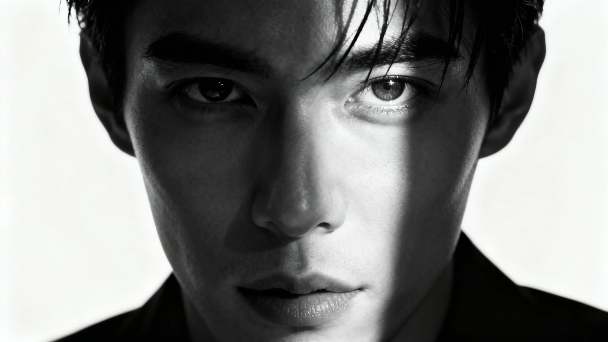 A dramatic, high-contrast black and white portrait of a person's face against a clean white background, showcasing a strong play of light and shadow.