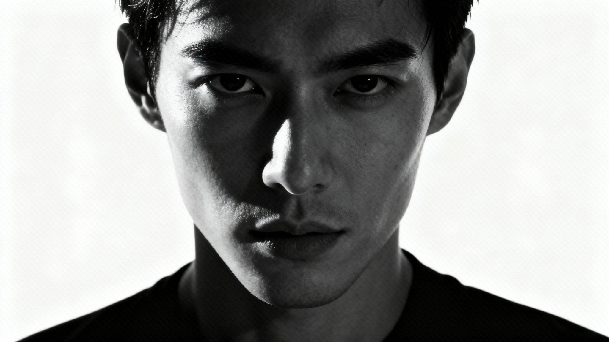 A dramatic, high-contrast black and white close-up portrait of a woman. One side of her face is brightly lit, and the other is in deep shadow, set against a clean white background.