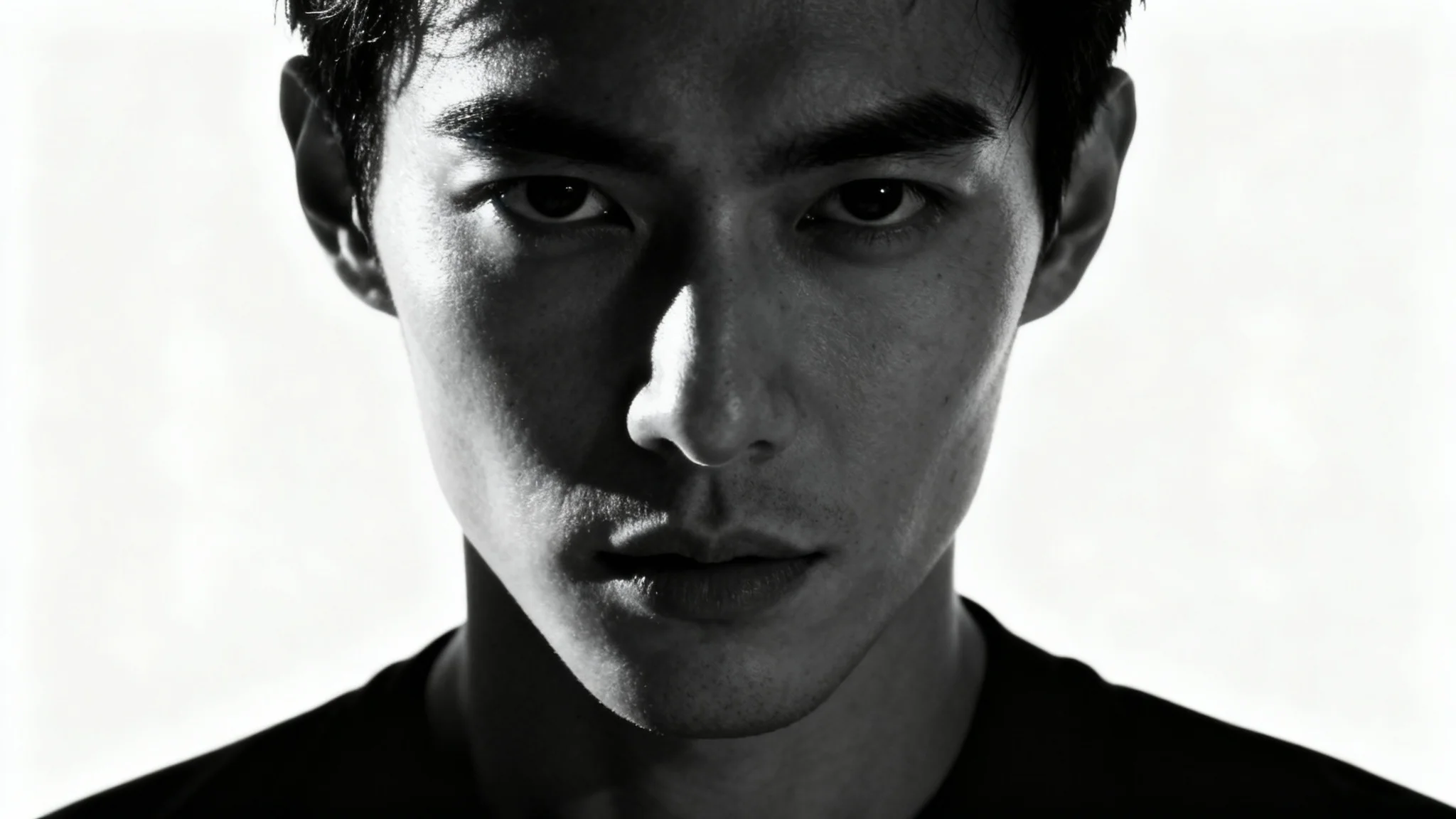 A dramatic, high-contrast black and white close-up portrait of a woman. One side of her face is brightly lit, and the other is in deep shadow, set against a clean white background.