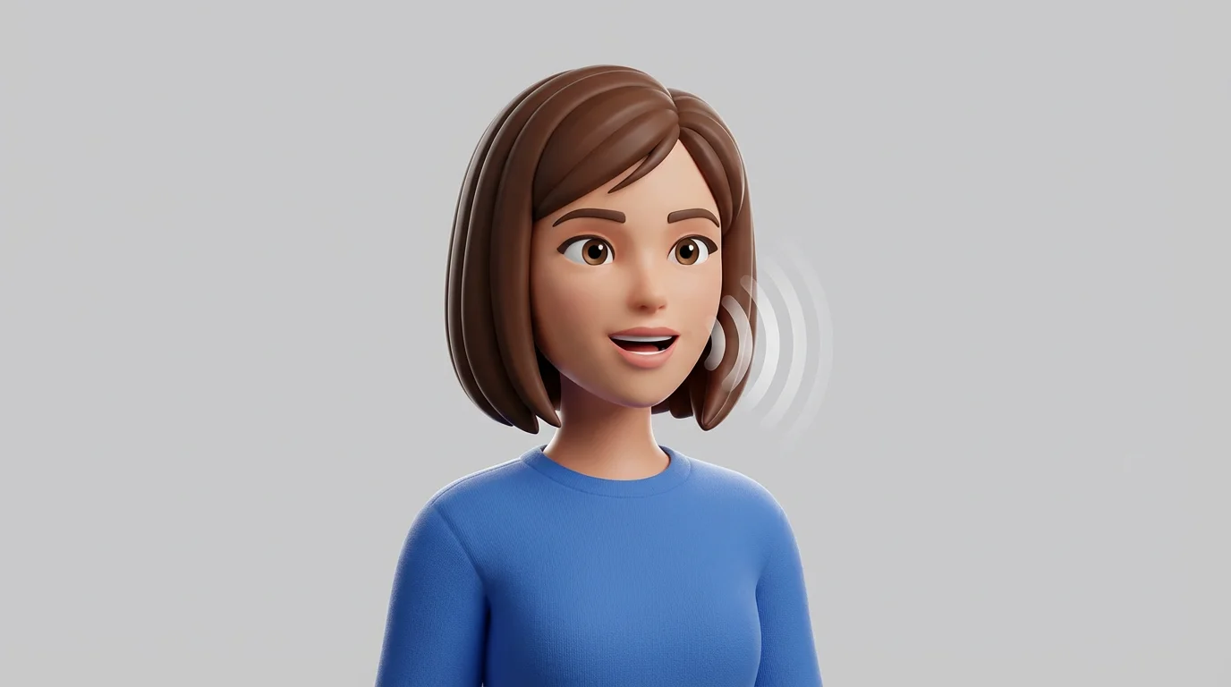 A 3D cartoon avatar of a woman with a brown bob, shown from the shoulders up. She is speaking, with stylized sound waves coming from her mouth, against a light gray background.