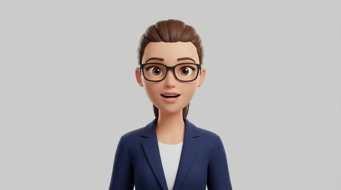 A 3D cartoon avatar of a woman with glasses and a ponytail, shown from the chest up, with her mouth open as if she is talking.