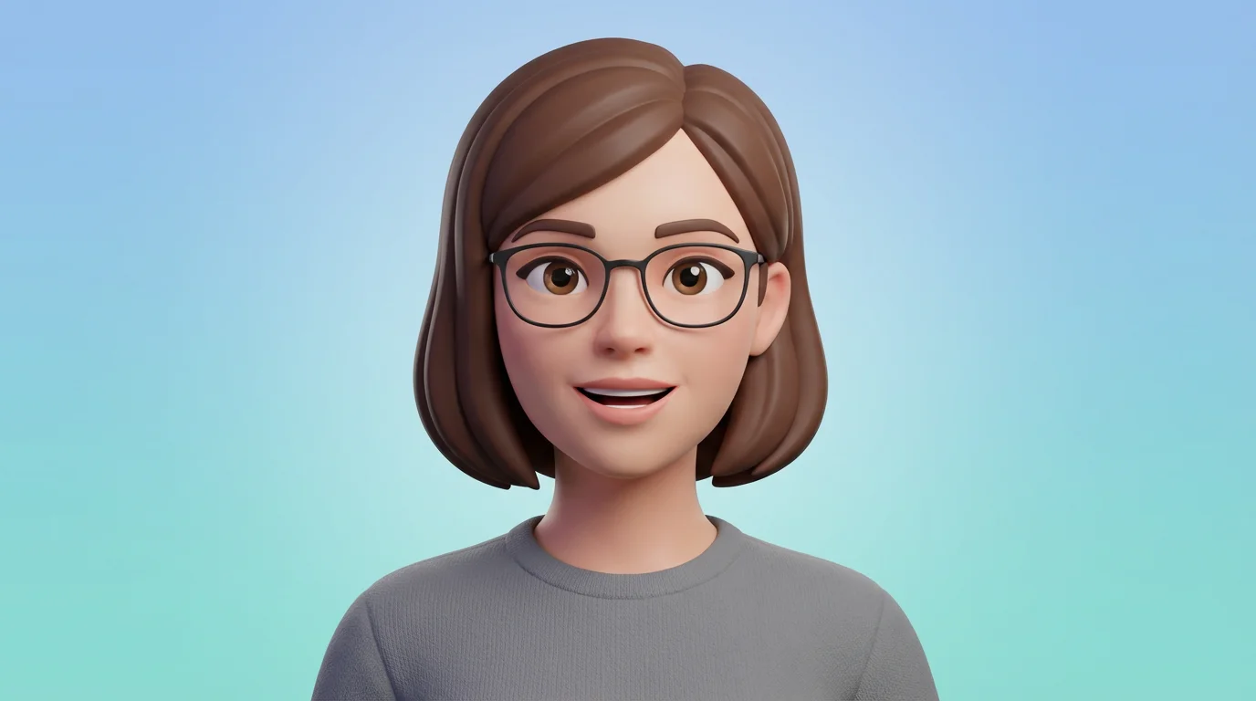 A 3D digital avatar of a woman with brown hair and glasses, shown from the shoulders up, with her mouth slightly open as if talking.