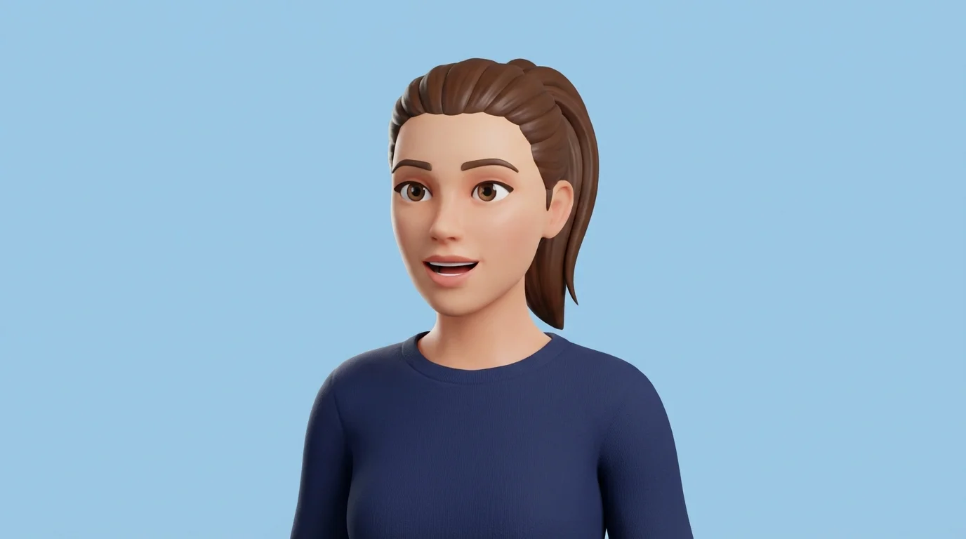 A 3D character portrait of a friendly-looking woman with brown hair, wearing a blue sweater, with her mouth open as if she is talking.