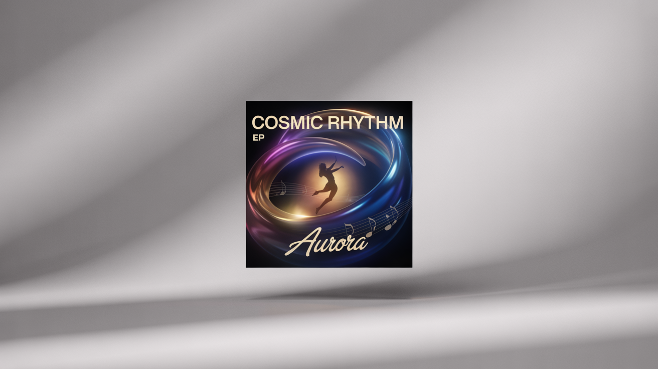 A finished EP album cover for 'COSMIC RHYTHM' by the artist 'Aurora', displayed against a minimal light gray background. The cover art shows a dancing silhouette against a swirling blue, purple, and gold abstract background.