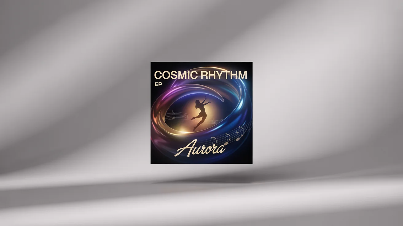 A finished EP album cover for 'COSMIC RHYTHM' by the artist 'Aurora', displayed against a minimal light gray background. The cover art shows a dancing silhouette against a swirling blue, purple, and gold abstract background.