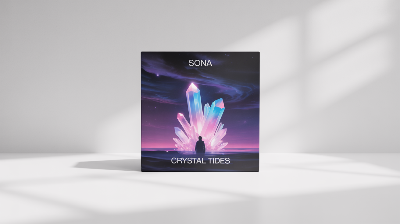 A mockup of a square EP cover art for an artist named 'SONA' and an EP titled 'CRYSTAL TIDES'. The artwork shows a surreal landscape with a giant glowing crystal under a purple twilight sky, set against a plain white background.