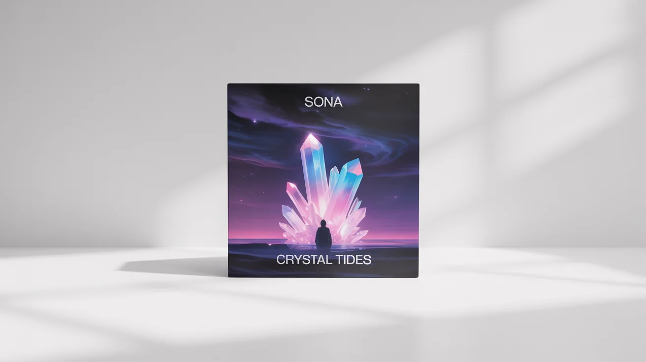 A mockup of a square EP cover art for an artist named 'SONA' and an EP titled 'CRYSTAL TIDES'. The artwork shows a surreal landscape with a giant glowing crystal under a purple twilight sky, set against a plain white background.