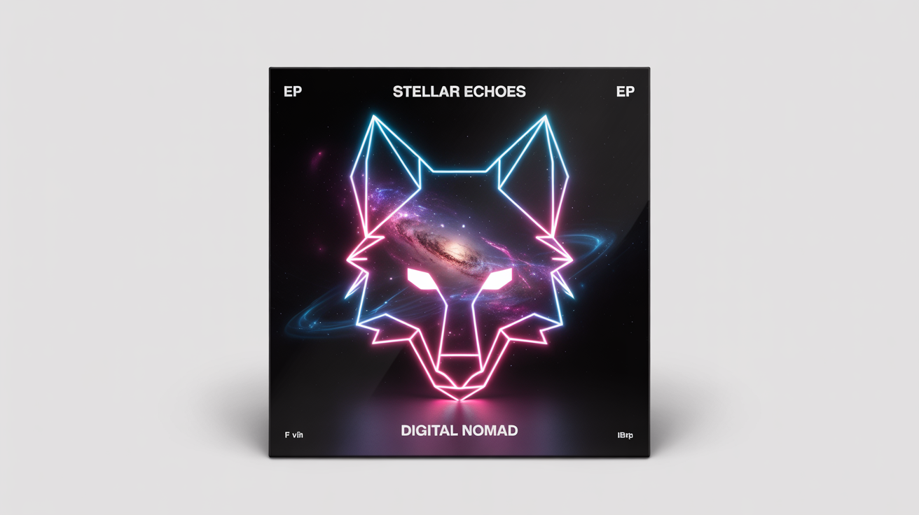 A mockup of an EP cover art for 'Digital Nomad' by 'Stellar Echoes', featuring a geometric neon wolf head against a cosmic background. The vinyl sleeve is displayed on a clean white background.