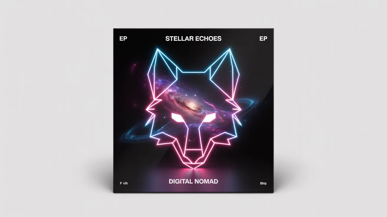 A mockup of an EP cover art for 'Digital Nomad' by 'Stellar Echoes', featuring a geometric neon wolf head against a cosmic background. The vinyl sleeve is displayed on a clean white background.