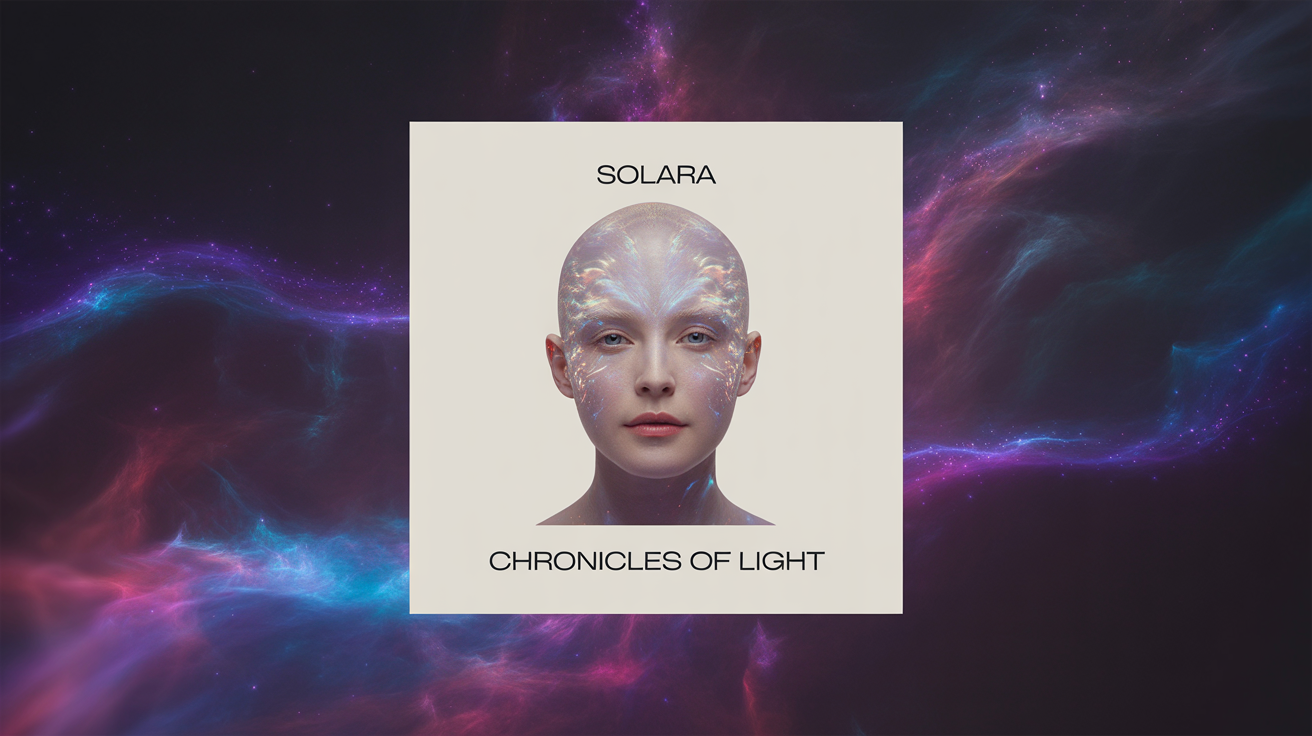 A mockup of a square EP cover art for an artist named 'SOLARA', with the title 'CHRONICLES OF LIGHT', featuring an ethereal portrait against a nebula background, all on a clean white surface.