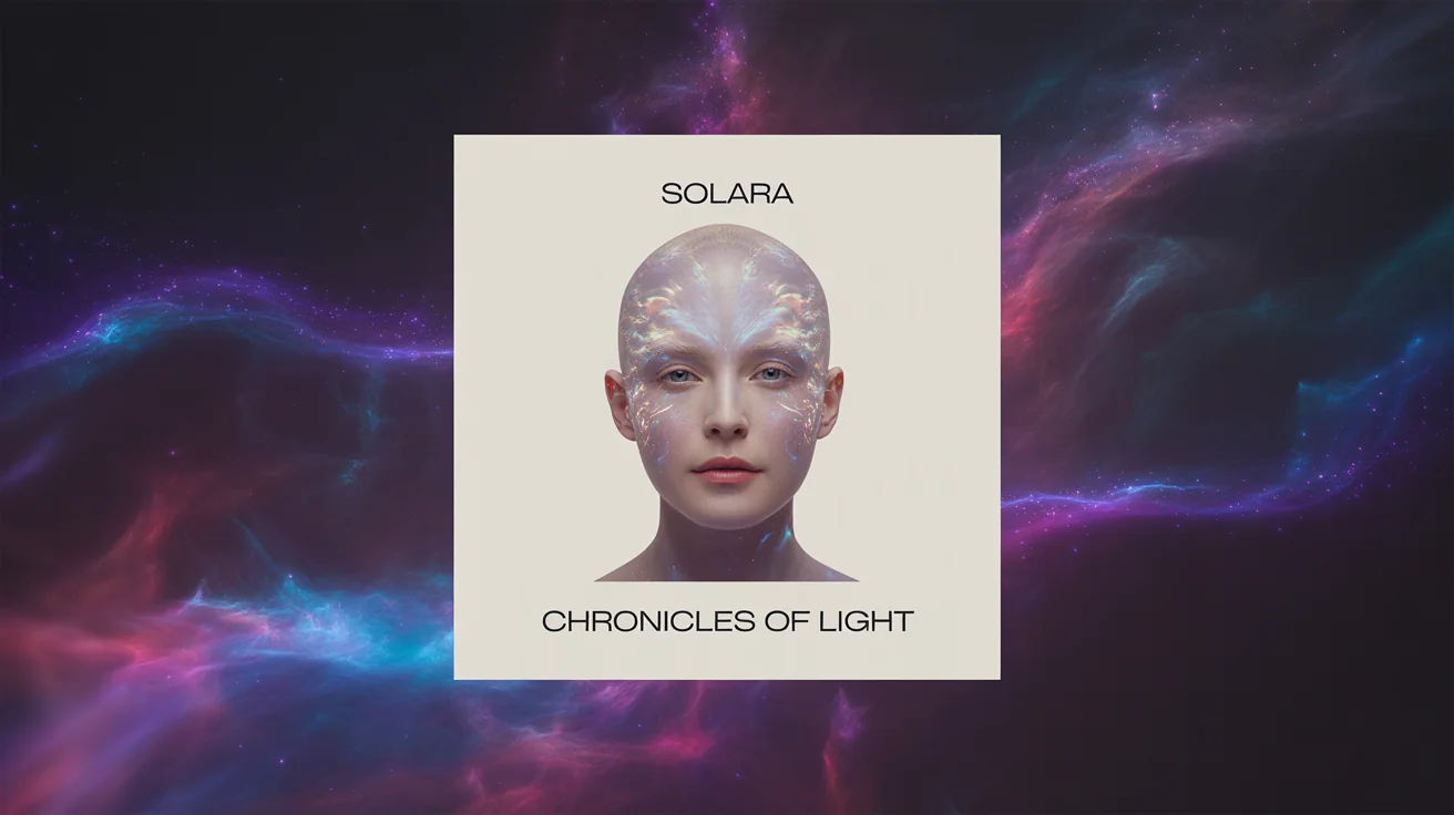 A mockup of a square EP cover art for an artist named 'SOLARA', with the title 'CHRONICLES OF LIGHT', featuring an ethereal portrait against a nebula background, all on a clean white surface.