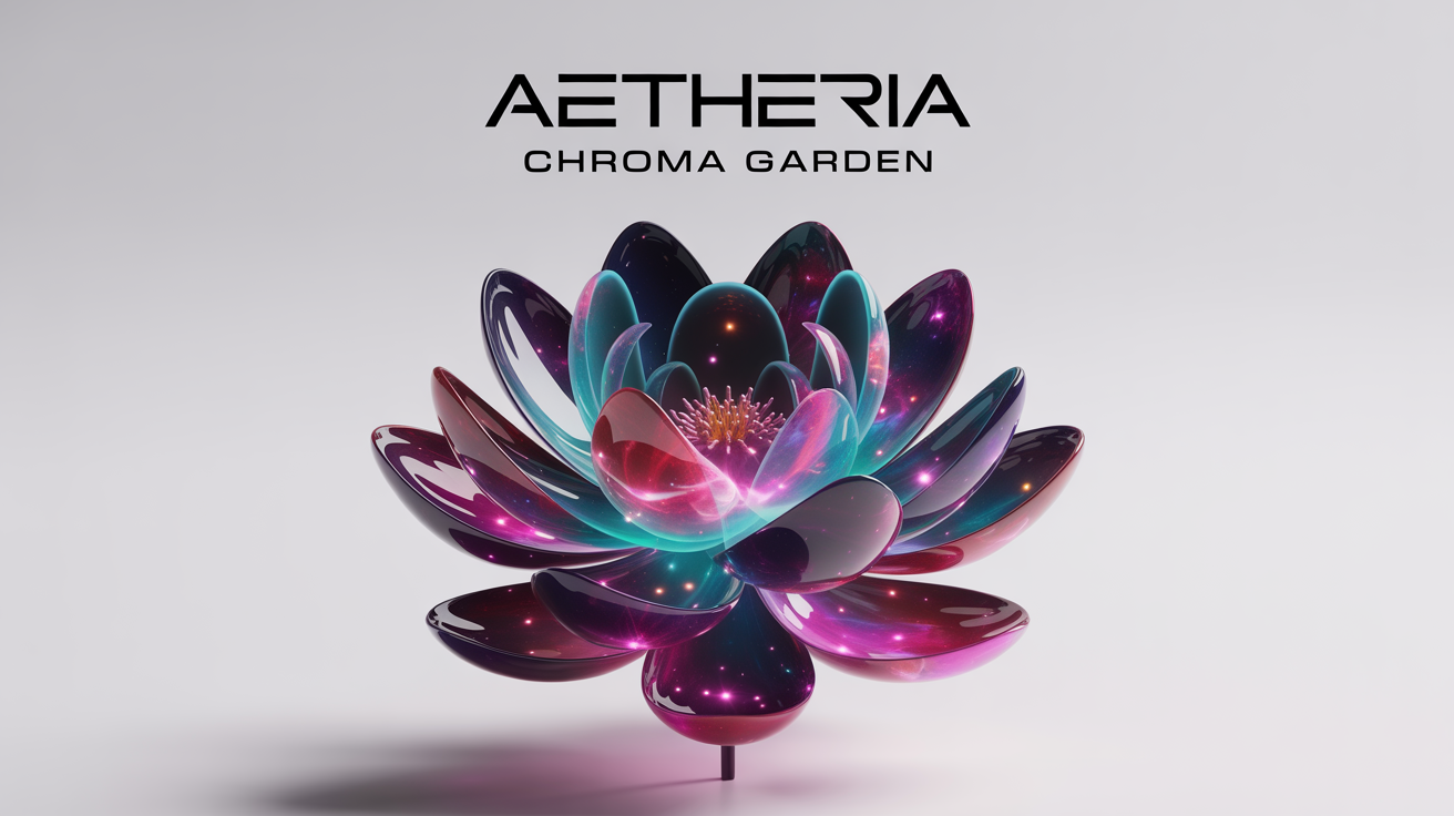 A modern EP cover art mockup for an artist named 'AETHERIA'. The design, titled 'CHROMA GARDEN', features a vibrant cosmic lotus flower with nebula-patterned petals against a clean white background.