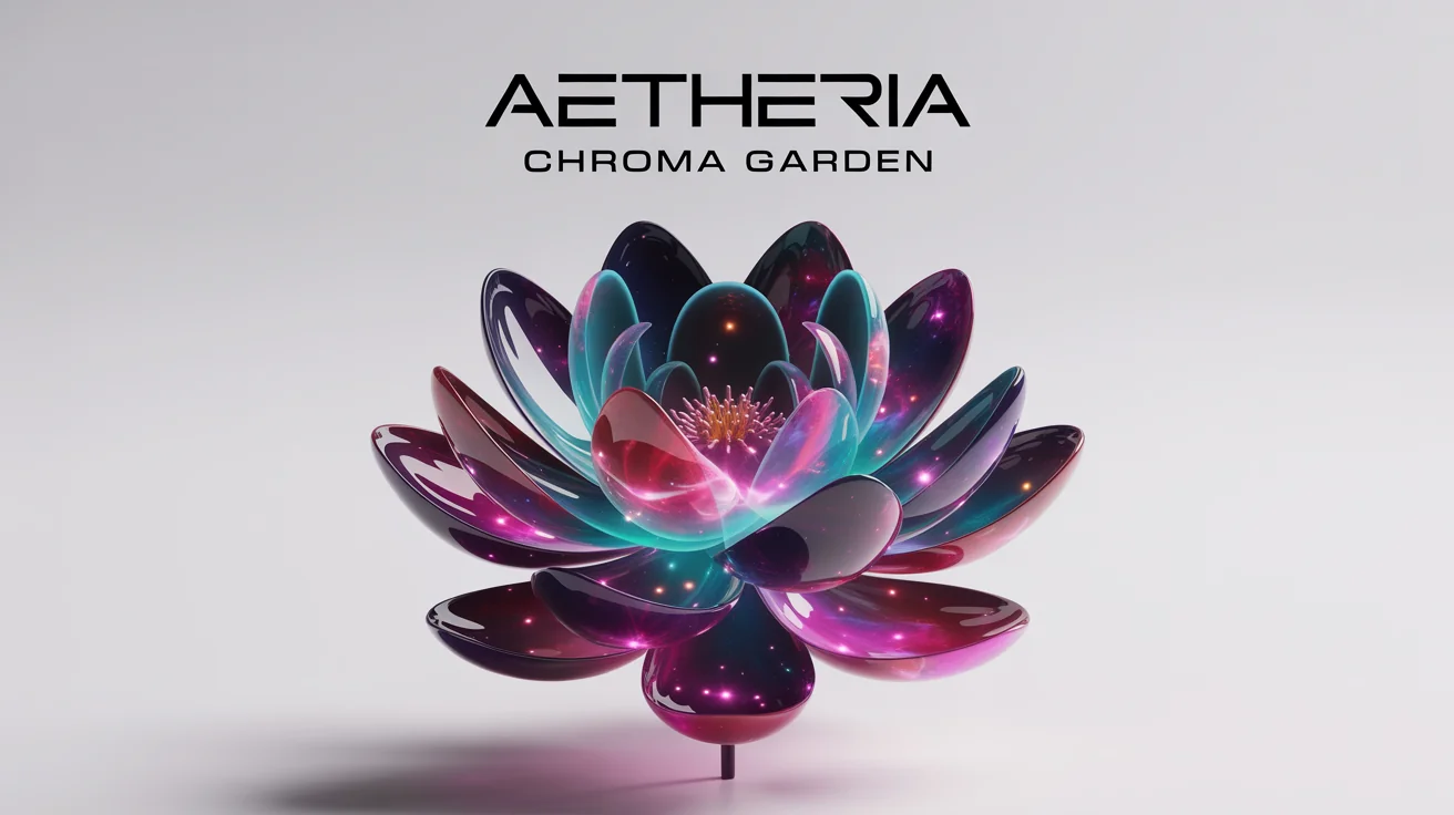 A modern EP cover art mockup for an artist named 'AETHERIA'. The design, titled 'CHROMA GARDEN', features a vibrant cosmic lotus flower with nebula-patterned petals against a clean white background.