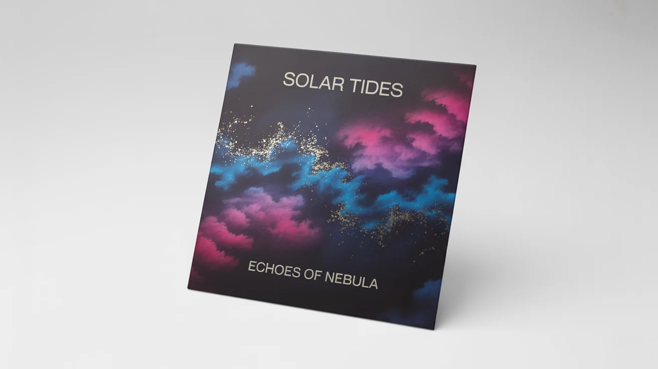 A professional mockup of an EP cover for an artist named 'SOLAR TIDES', titled 'ECHOES OF NEBULA'. The cover features a swirling cosmic design in purple, blue, and magenta, set against a plain white background.