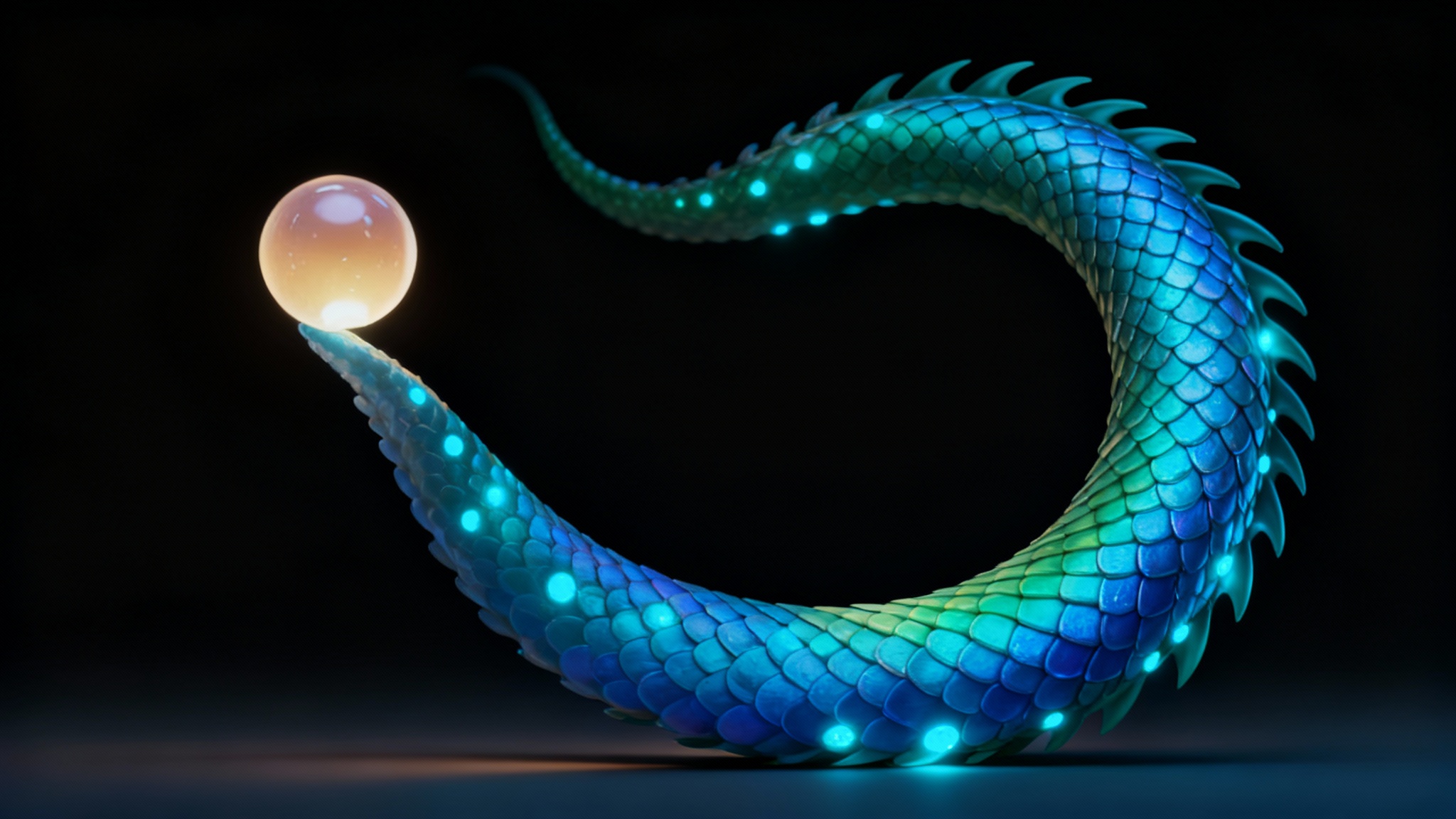 A hyper-realistic 3D render of a fantastical creature's tentacle-like limb, covered in shimmering green and blue scales and glowing blue spots, reaching out towards a ball of light against a dark background.
