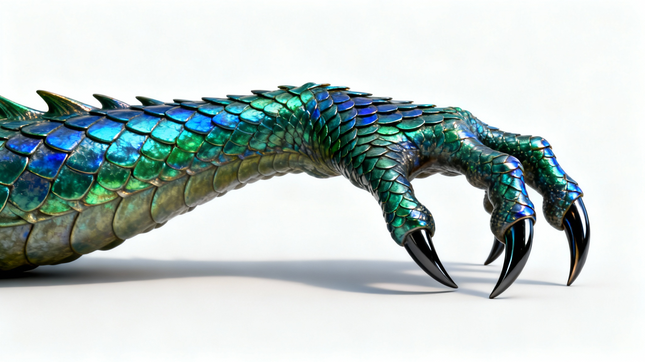 A hyperrealistic digital sculpture of a powerful dragon's leg with iridescent green and blue scales and sharp obsidian claws, isolated on a clean white background.
