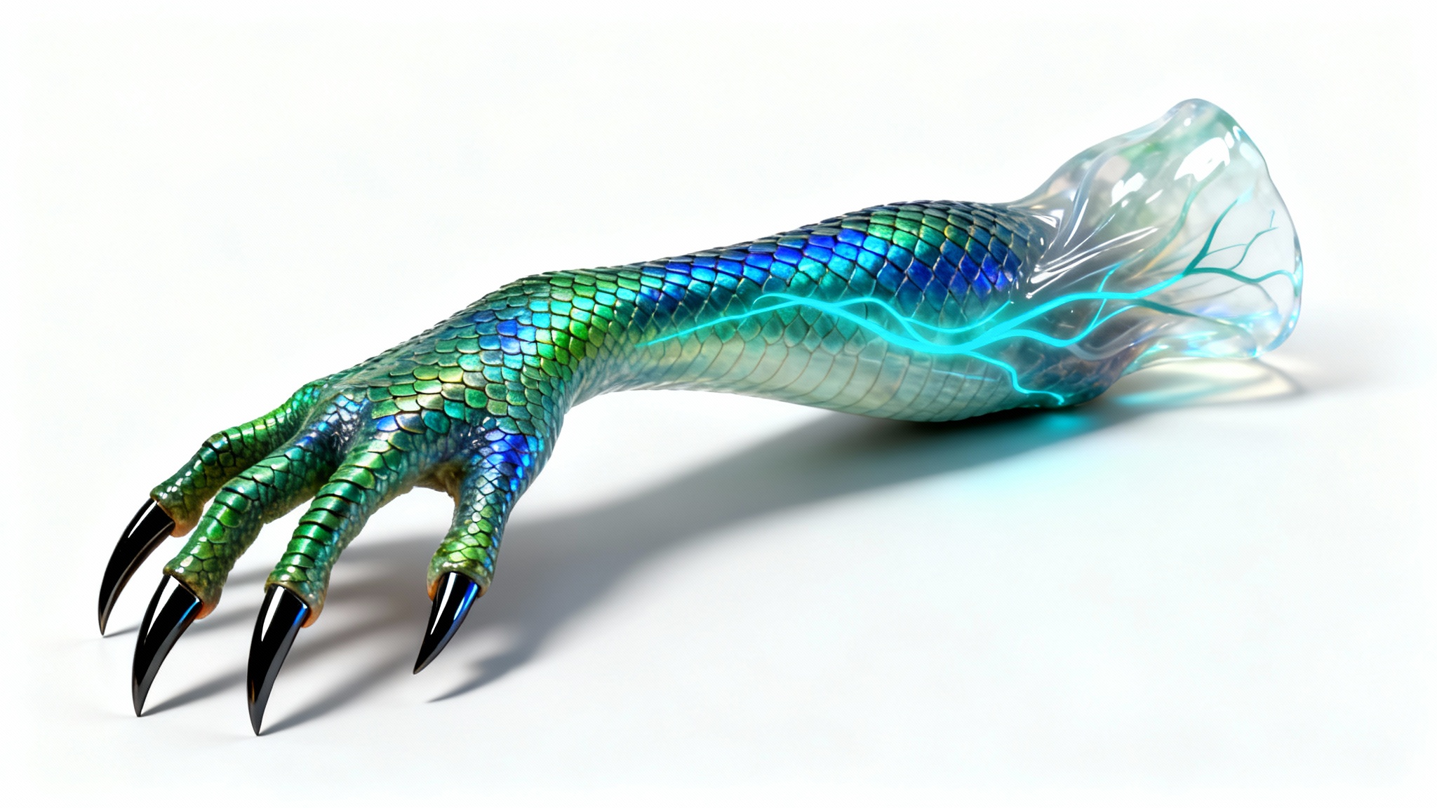 A hyperrealistic digital render of a fantasy creature's arm, isolated on a white background. The arm has iridescent green and blue scales, powerful muscles, and sharp black claws.